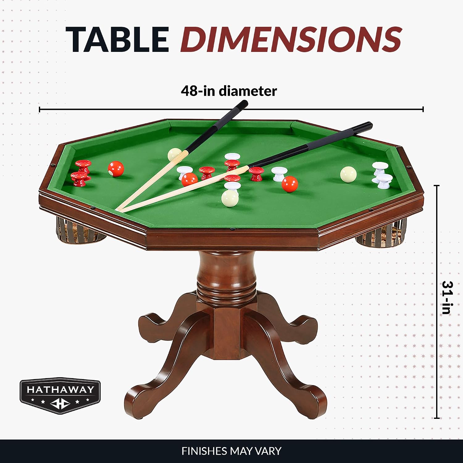 Hathaway Kingston 3 in 1 Octagon Poker Table, Dining & Bumper Pool Table for Game Rooms - Durable Hardwood, Sturdy Legs