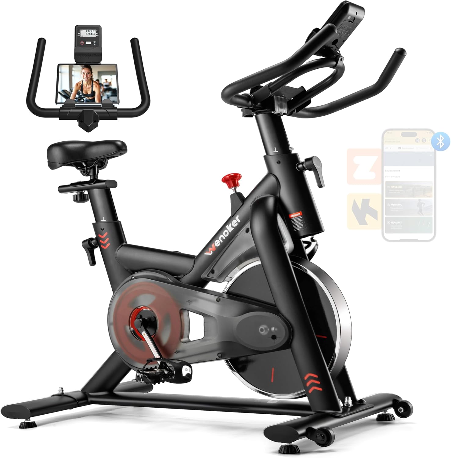 Wenoker Exercise Bike for Home, Magnetic Stationary Bike with App Sync, Indoor Cycling Bike with Adjustable Seat & Handlebar, Quiet Belt Drive, LCD Monitor, Tablet Holder & Transport Wheels for Cardio Workout