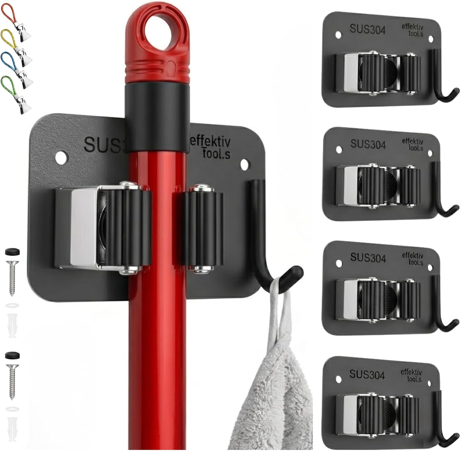 Wall Mount Hanger for Brooms & Mops - Adhesive Stainless Steel Mops & Broom Holder, 4 Clamps, 3 Hooks