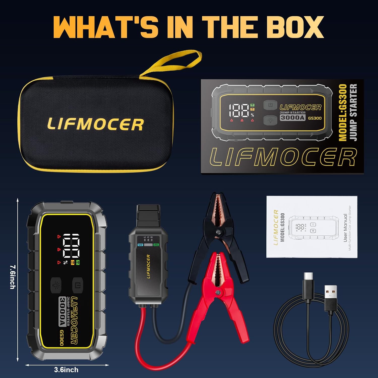 GS300 Car Jump Starter, 3000A Portable Battery Jumper Starter for Up to 10.0L Gas & 8.0L Diesel Engines, 59.2WH 12V Jump Box with Storage Case