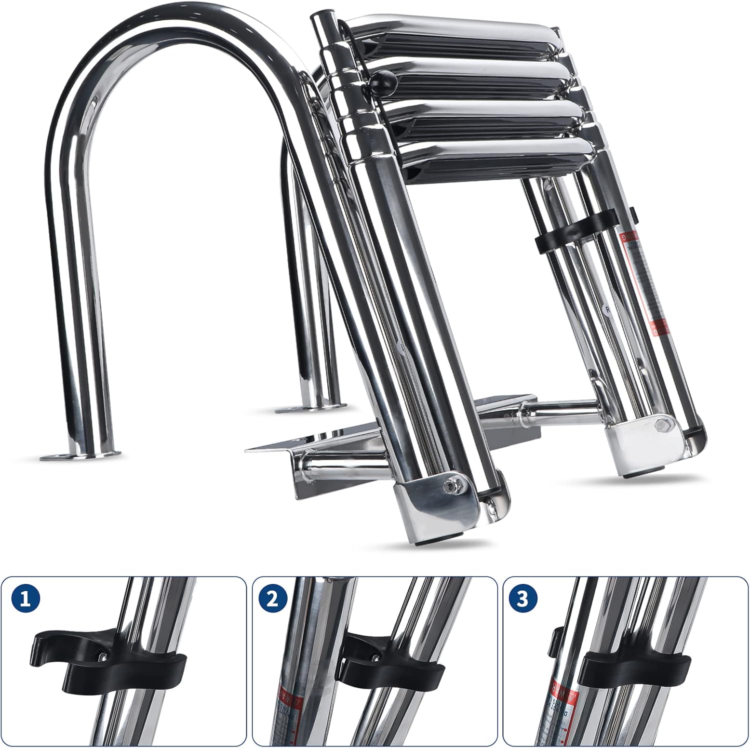 4-Step Pontoon Boat Ladder, 316 Stainless Steel Folding Telescoping Inboard Ladder with Hand Railing and Extra Wide Steps