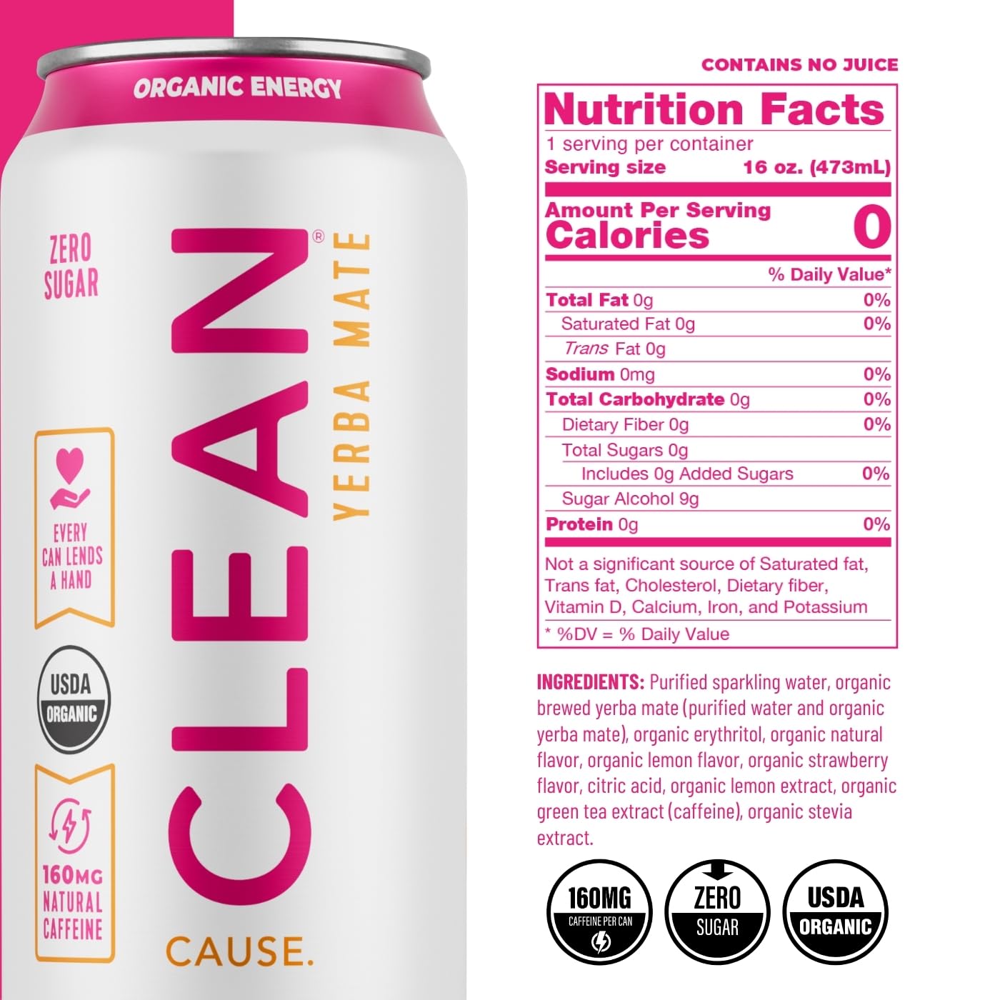 CLEAN Cause Zero Sugar Yerba Mate Organic Energy Orange Ginger, 12Pack 16oz