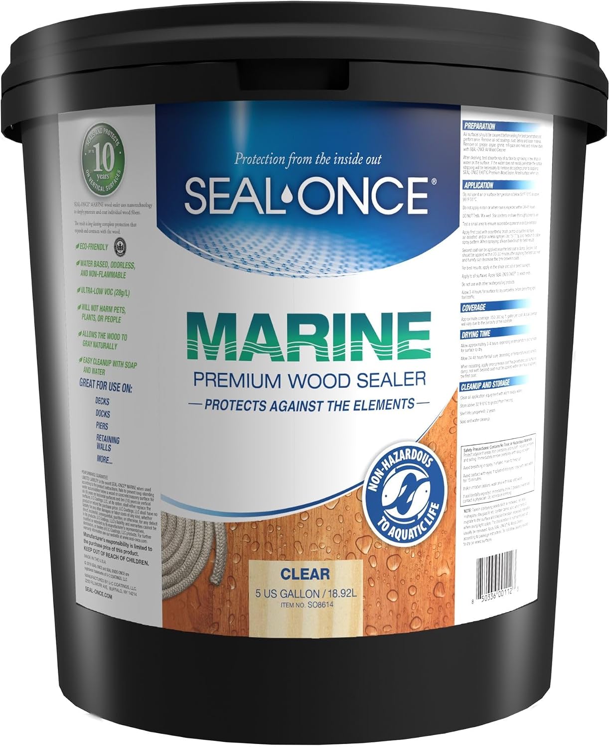 SEAL-ONCE Marine Penetrating Wood Sealer and Waterproofer, Clear, 1 Gallon | Waterproofer & Stain, Water-Based, Ultra-low VOC formula, For high-moisture areas