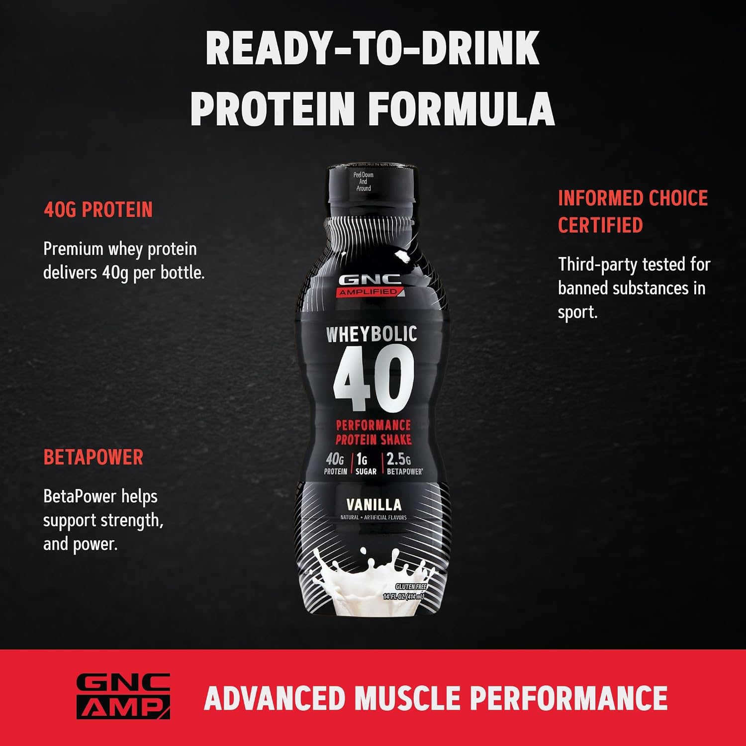 GNC AMP Wheybolic 40 Whey Protein Shake, Vanilla, 14 oz
