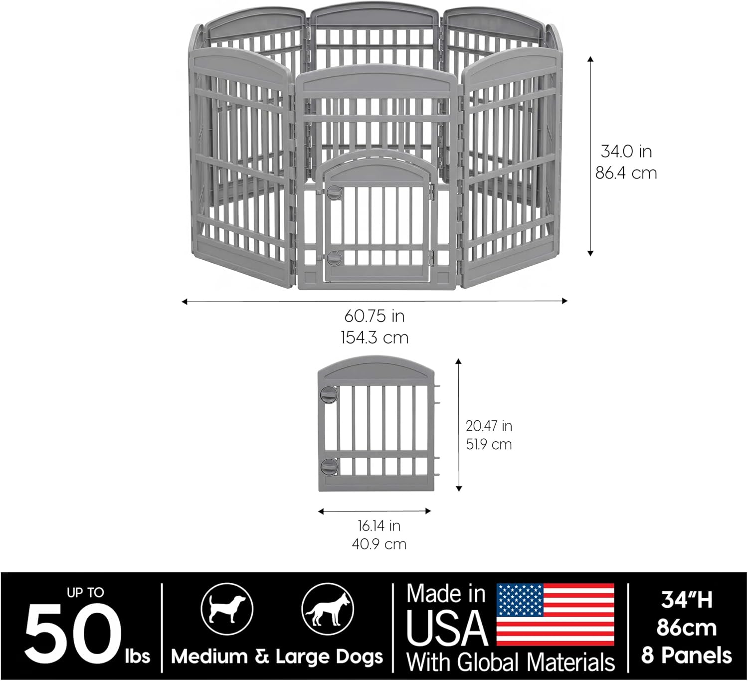 IRIS USA 4-Panel Dog Playpen, Pet Enclosure, Black | Pet Containment, Configurable Layout, Multi-Shape Setup, Custom Pen Configuration, Stable Non-Tip Base, Tool-Free Assembly