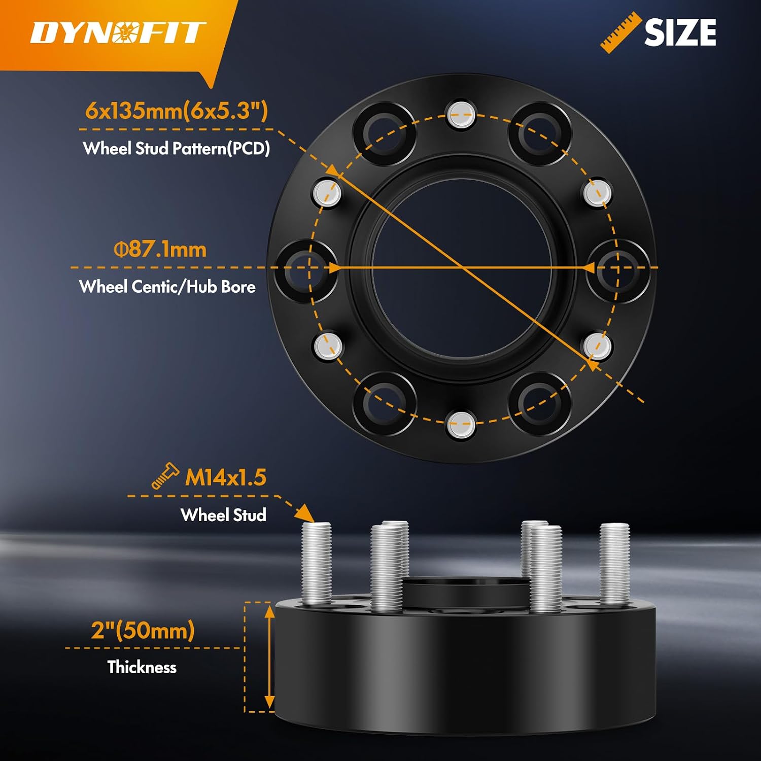 Dynofit 1.5in 6x135 Hub-Centric Wheel Spacers for F150, 87.1mm Hub Bore, M14x1.5 Thread, Forged 6-Lug Wheel Adapters for 2015-2026 Ford F-150