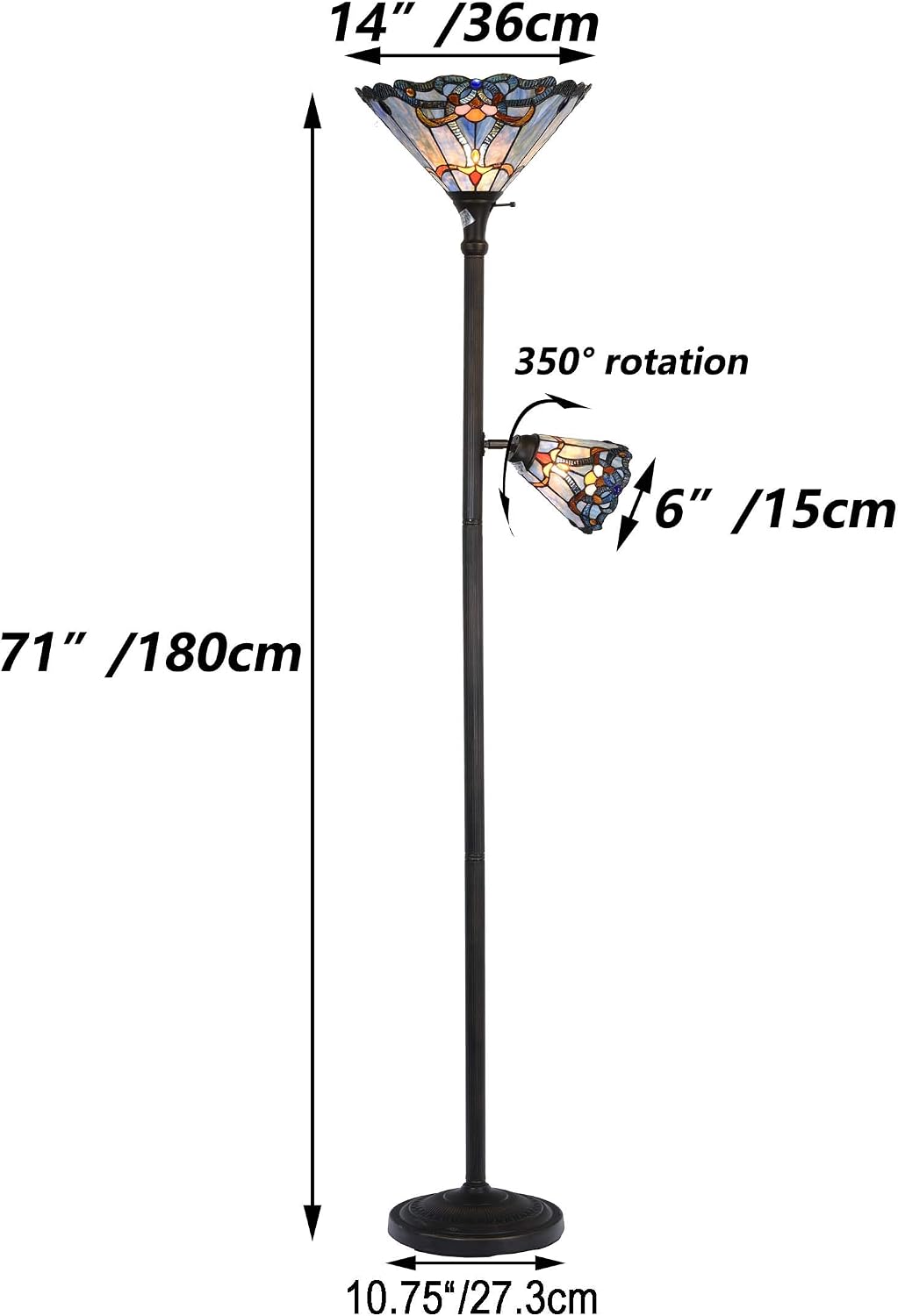 Bieye L10686 Baroque Tiffany Style Stained Glass Torchiere Floor Lamp with Sidelight for Reading Home Decor, 71-inch Tall