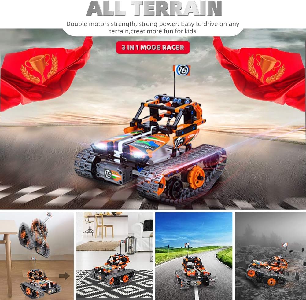 3-in-1 STEM Remote Control Building Kits - Tracked Car/Robot/Tank - 2.4Ghz Rechargeable RC Racer Toy Set Gift for 8-12 14 Year Old Boys and Girls