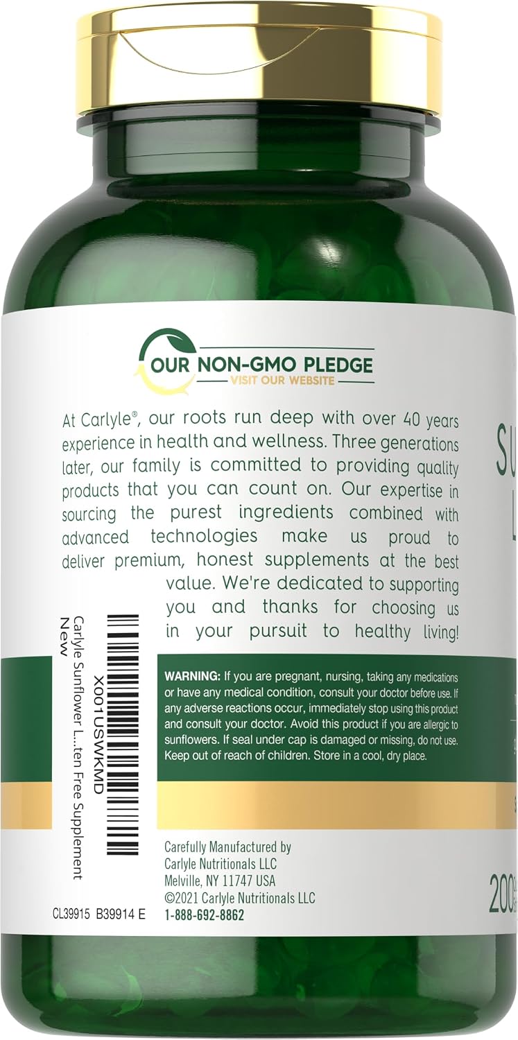 Carlyle Sunflower Lecithin Softgel Capsules | 2400mg | 200 Pills | Rich in Phosphatidyl Choline | Non-GMO, Soy Free, Gluten Free Supplement
