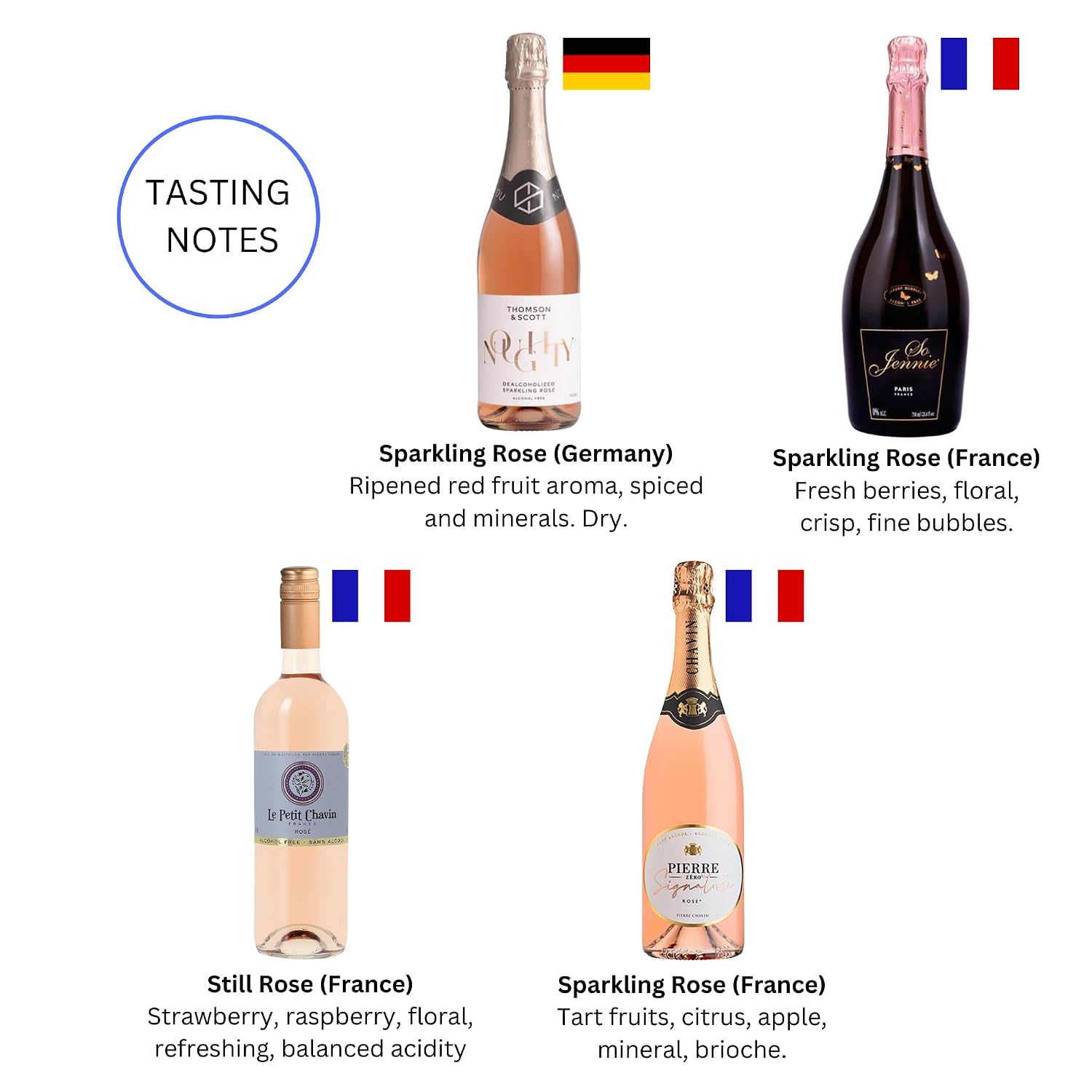 Non-Alcoholic Rosé Wine Sampler - 4 Bottles (25.4 Fl Oz Each) So Jennie Sparkling, Le Petit Chavin, Pierre Zéro Signature