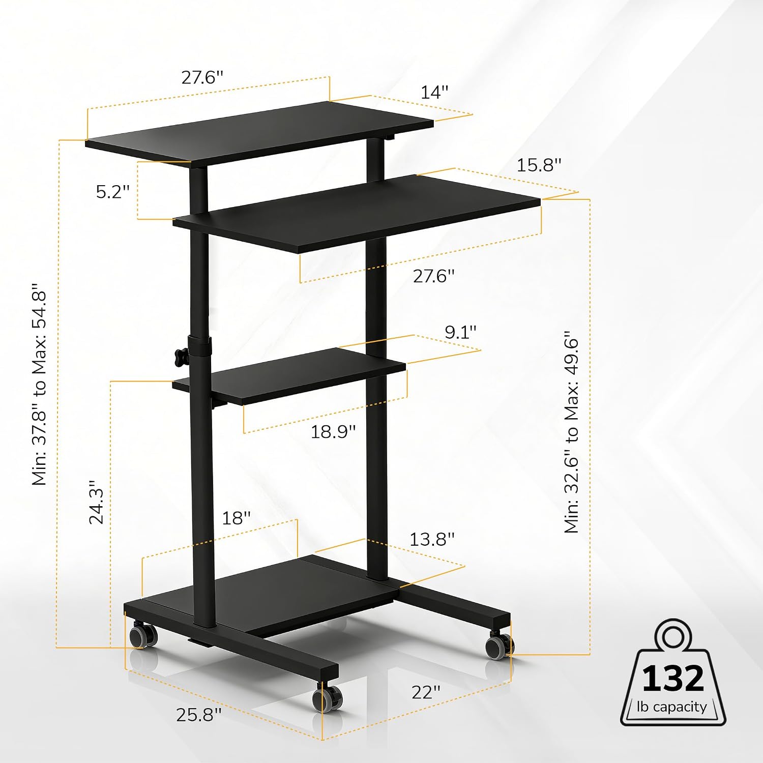 Mount-It! Black Rolling Standing Desk, Adjustable Height up to 54.7", Portable Laptop Podium Desk on Wheels, Mobile Computer Workstation with 4 Shelves 27.5" Wide, Cart for Home Office or Classroom