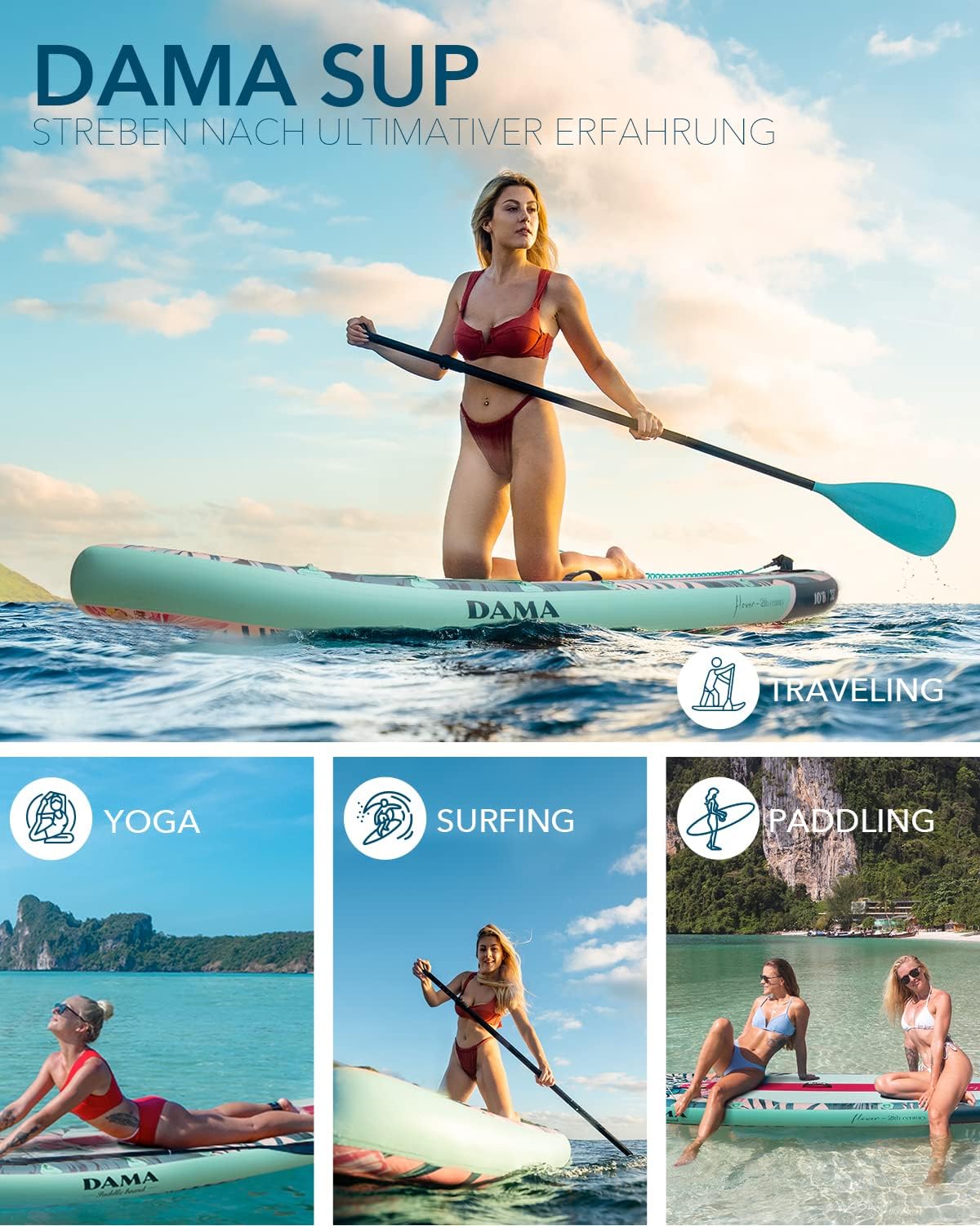 DAMA Inflatable Stand Up Paddle Boards for Adults w/Sup Board Accessories Hand Pump 4pcs Kayak Floating Paddle | Wide Stance