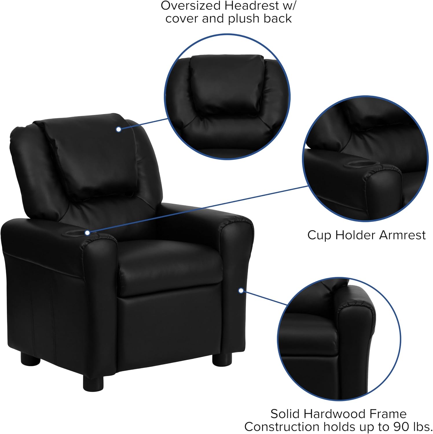 Flash Furniture Vana LeatherSoft Kids Recliner with Cup Holder, Headrest, and Safety Recline, Contemporary Reclining Chair for Kids, Supports up to 90 lbs., Brown | Manual Recline, Padded Seat and Back, Child-Friendly Design, Safety Recline Feature