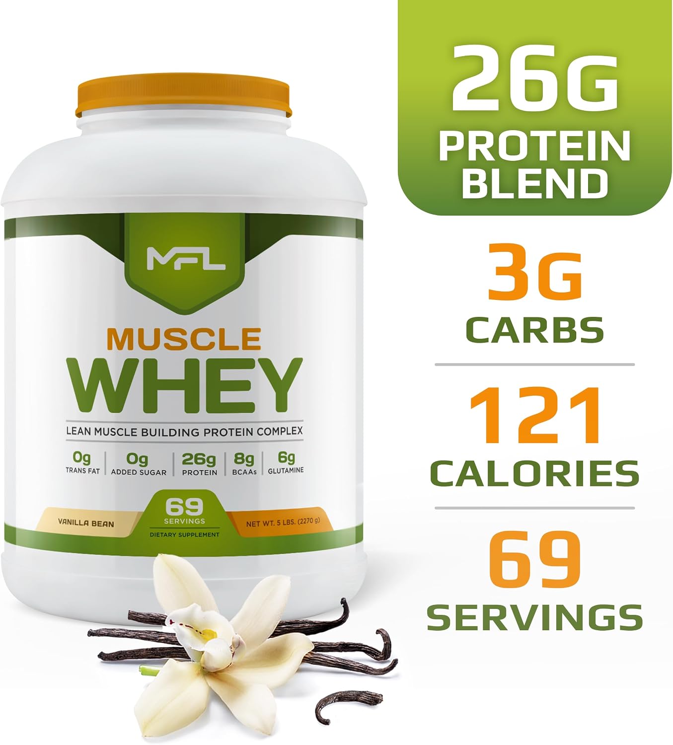 MFL Muscle Whey Protein l 28g of Protein l 8g BCAAs l Keto Friendly l Low Carbs l 5 lbs. (Vanilla Bean)