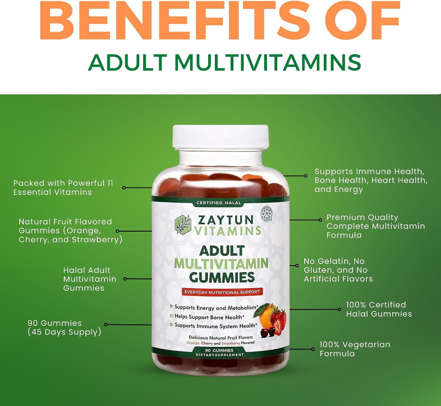 Zaytun Vitamins Halal Adult Multivitamin Gummies for Men, Women, Complete Everyday Nutritional Support with Biotin, Vegan, Natural Fruit Flavors