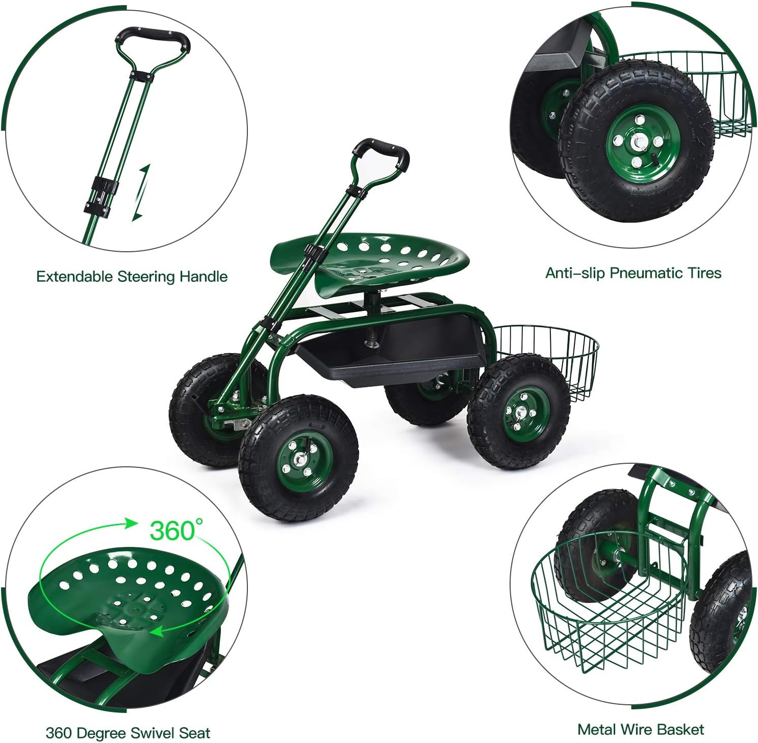 Giantex Rolling Garden Cart with Seat, 4-Wheel Gardening Workseat with Storage Basket, Swivel Stool Adjustable Seat, Steering Handle