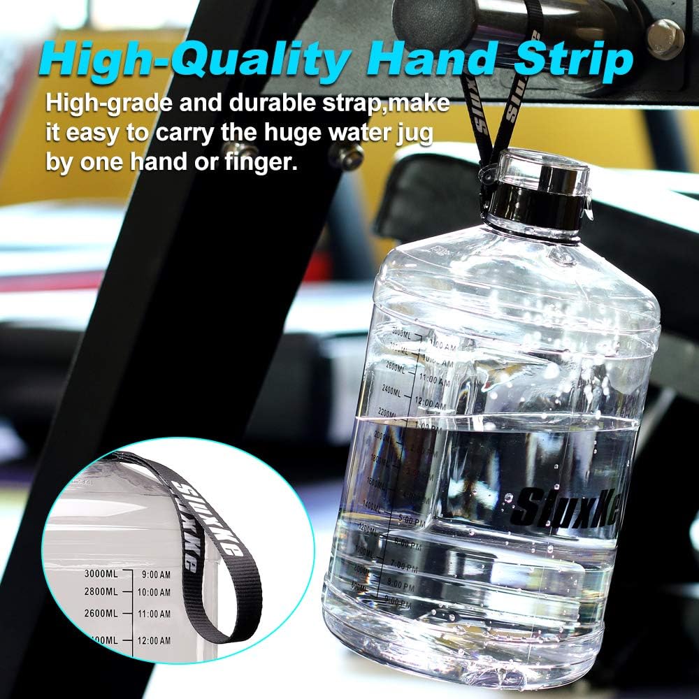 SLUXKE Gallon Big Water Bottle with Handle, 128oz Leakproof BPA Free Fitness Sports Water Bottle with Motivational Time Marker & Wide Mouth Ensure You Drink More Water