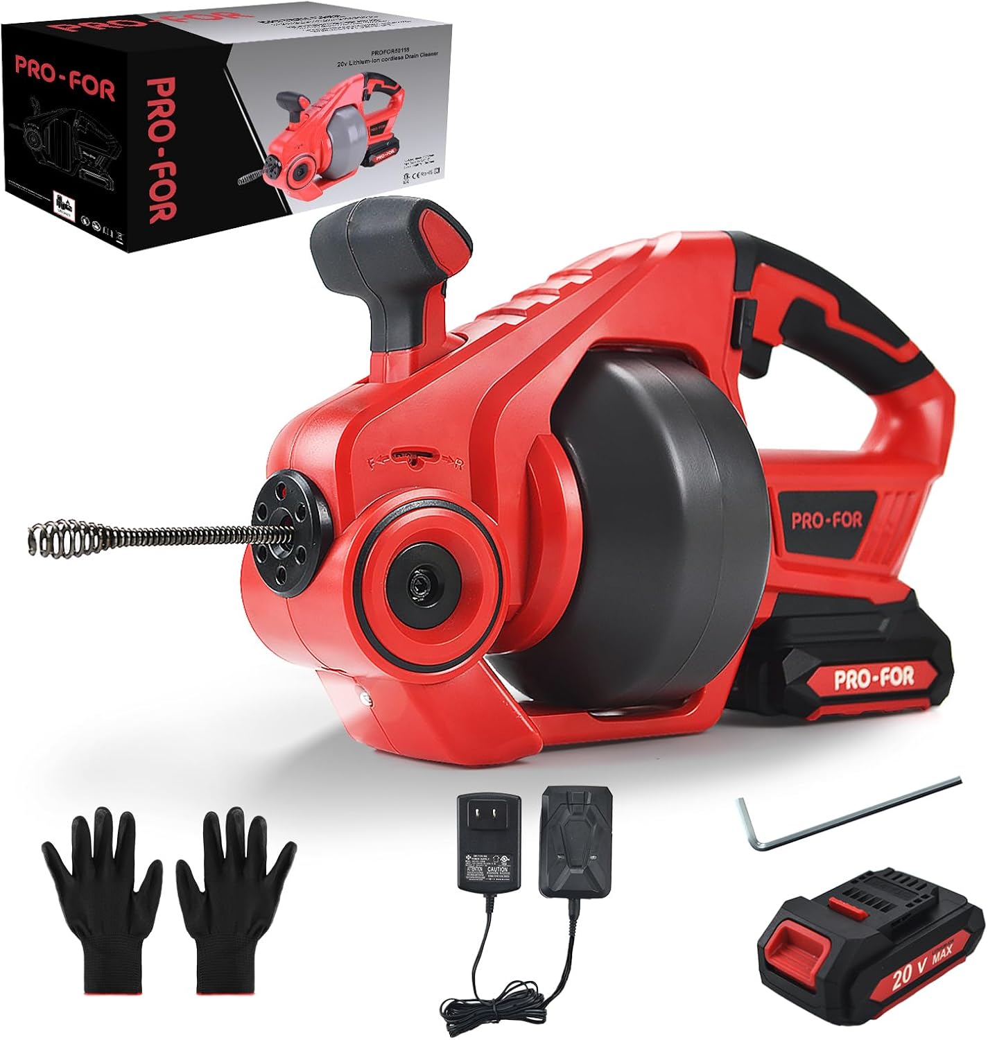 20V Cordless Electric Drain Auger, 25Ft Auto-Feed Drain Snake, Replaceable Cable, 2.0Ah Battery & Charger, LED Light, Clog Remover for Sink, Shower