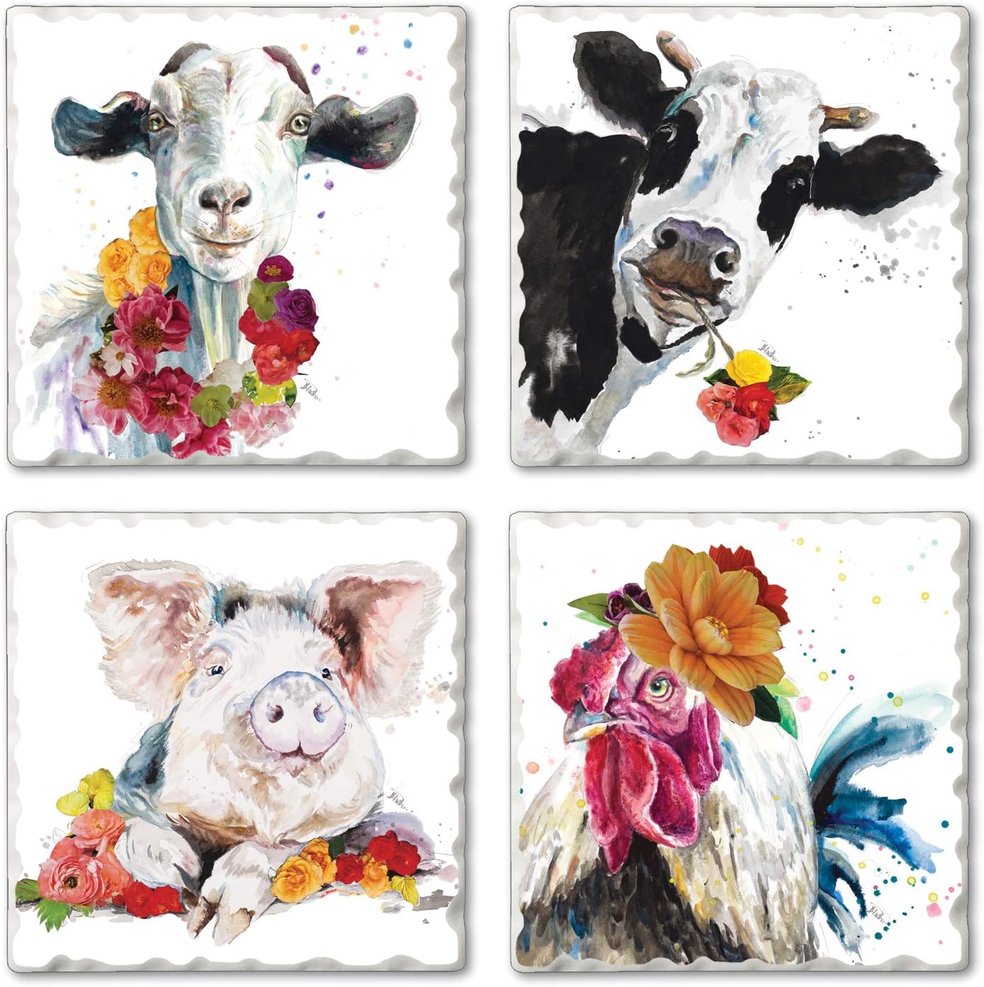 Thirstystone Fancy Farm Multi-Image Absorbent Stone Tumbled Tile Coaster 4 Pack with Protective Cork Backing Manufactured in The USA | 4" Square