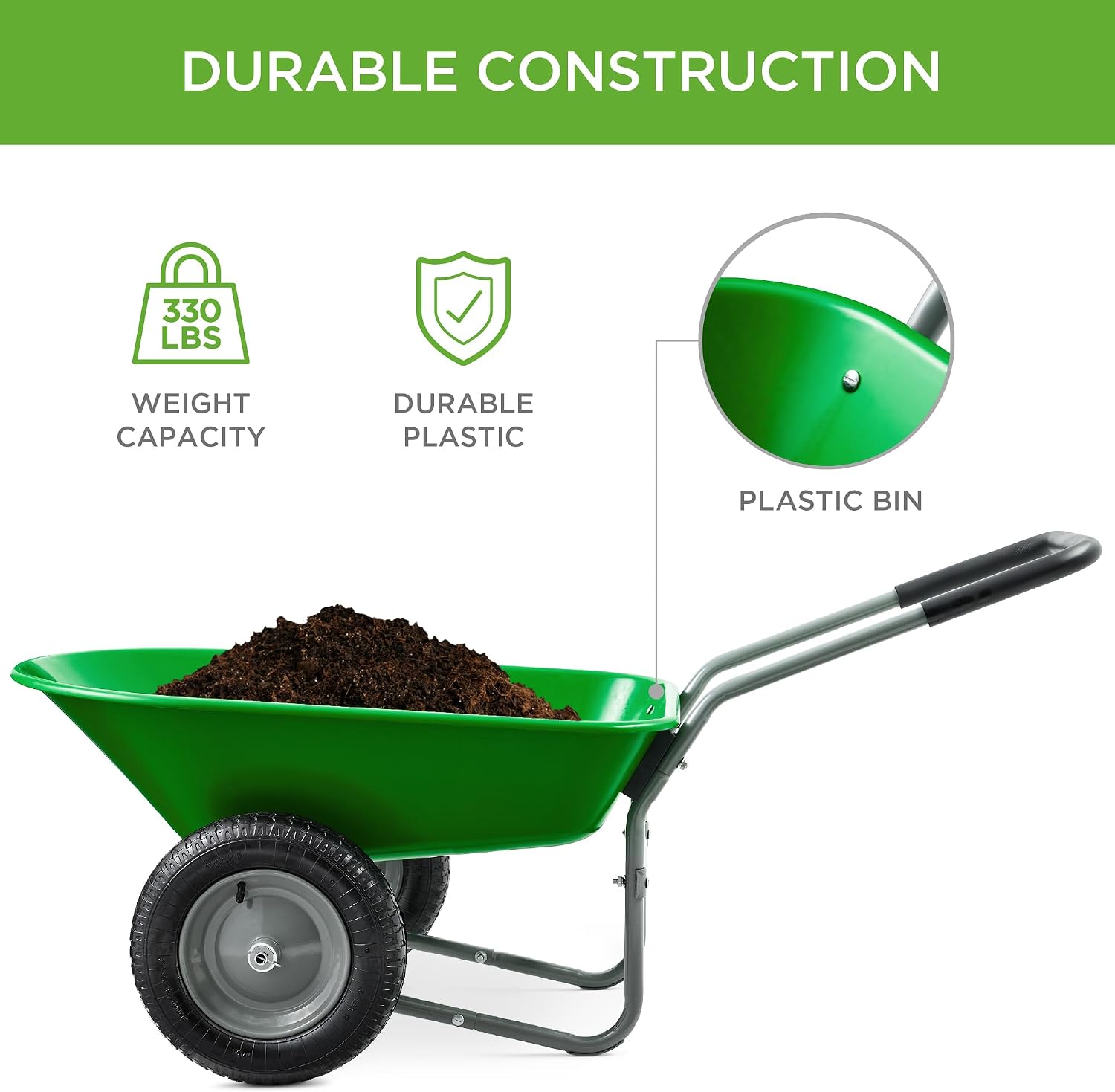 Best Choice Products Dual-Wheel Home Utility Yard Wheelbarrow Garden Cart w/Built-in Stand for Lawn, Gardening, Construction - Green
