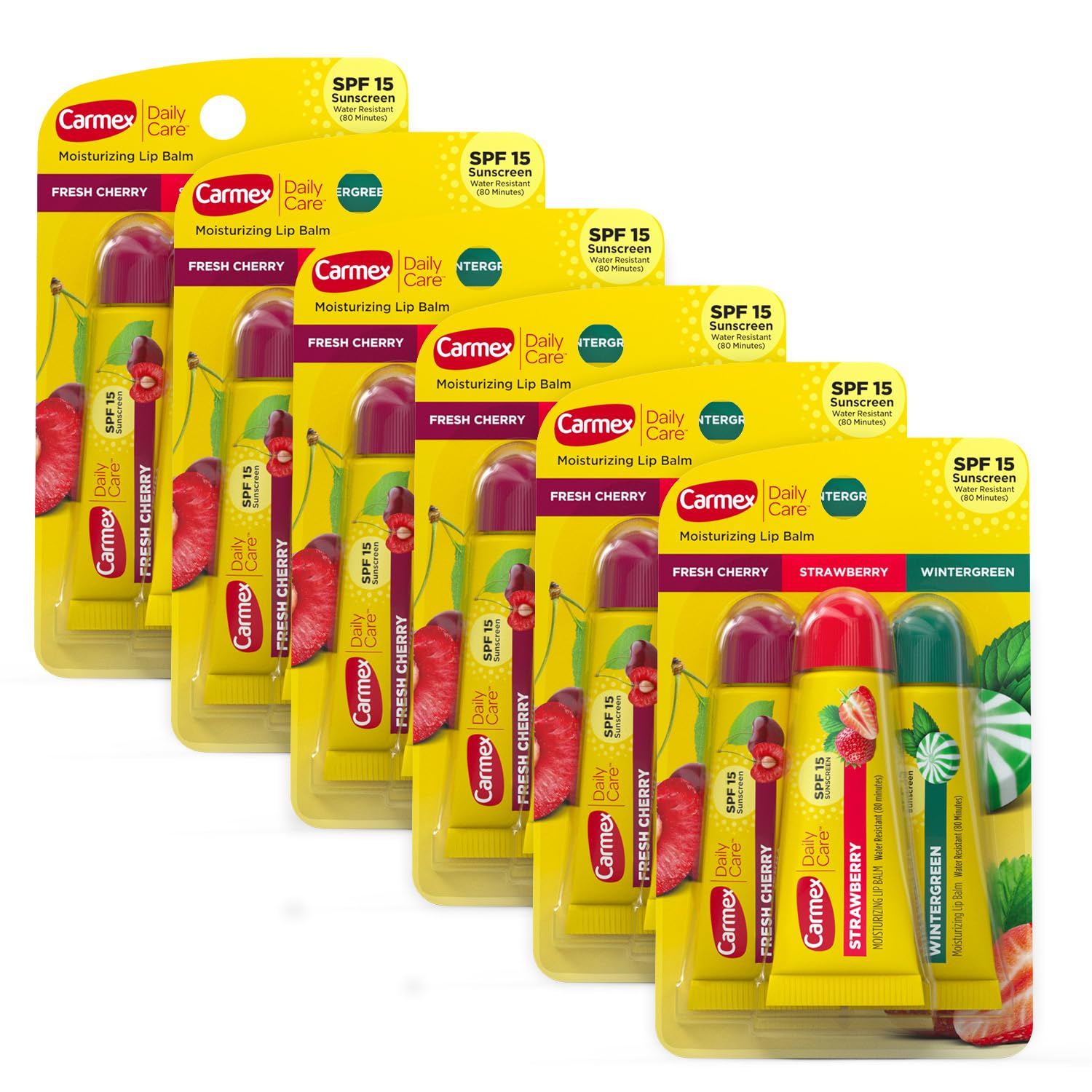 Carmex Daily Care Moisturizing Lip Balm Pack, Lip Balm With Sunscreen in Fresh Cherry, Strawberry and Wintergreen -0.35 Ounce (Pack of 3)