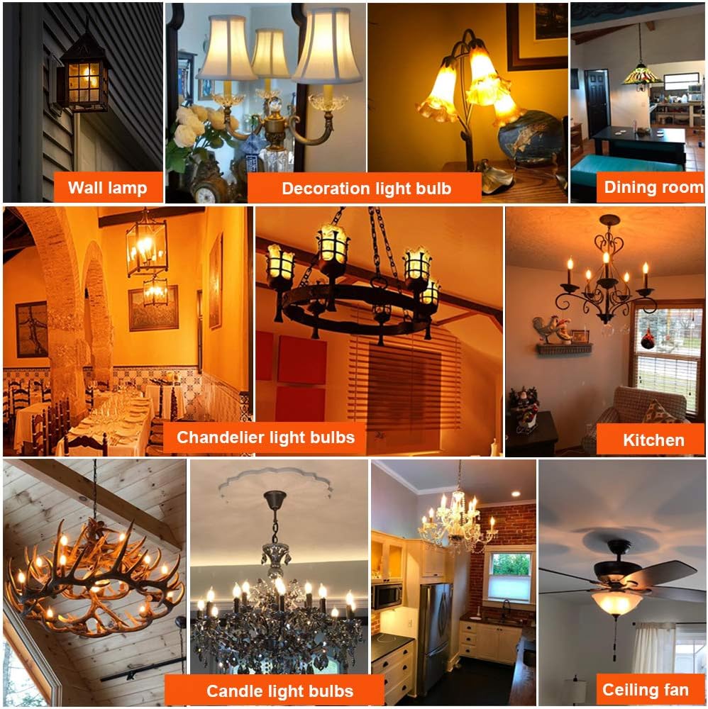 LiteHistory CA10 E12 Candelabra Bulb 40 watt,Amber Light Bulbs,2200K,6Pack | 4w=40 watt Light Bulbs,E12 Bulb,250lm,AC120V,ETL,Candelabra Light Bulbs for Chandelier Light Bulbs,Pendant,Candle Light Bulbs