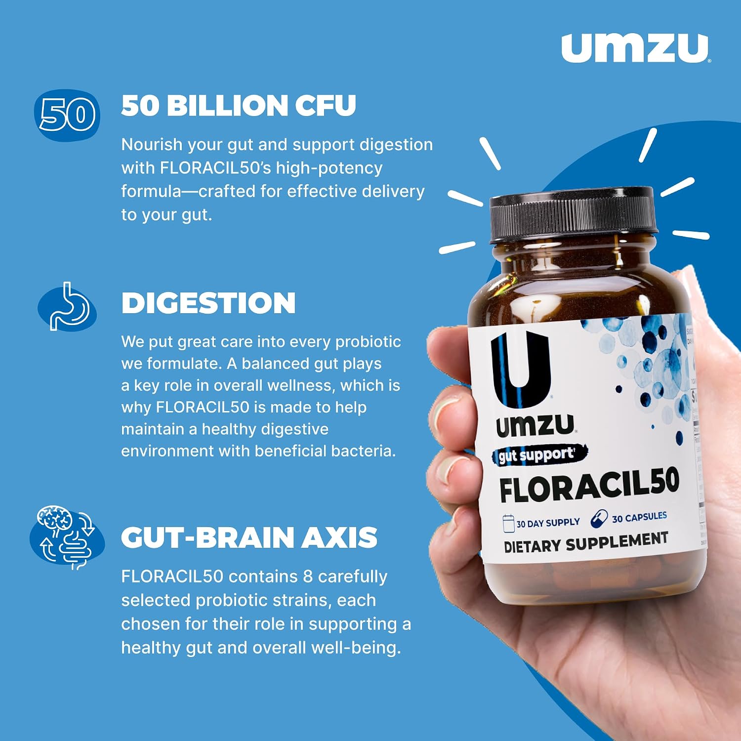 UMZU Floracil50 Probiotic Supplement, 50 Billion CFU, 30 Day Supply | Lactobacillus Acidophilus, Rhamnosus and Plantarum