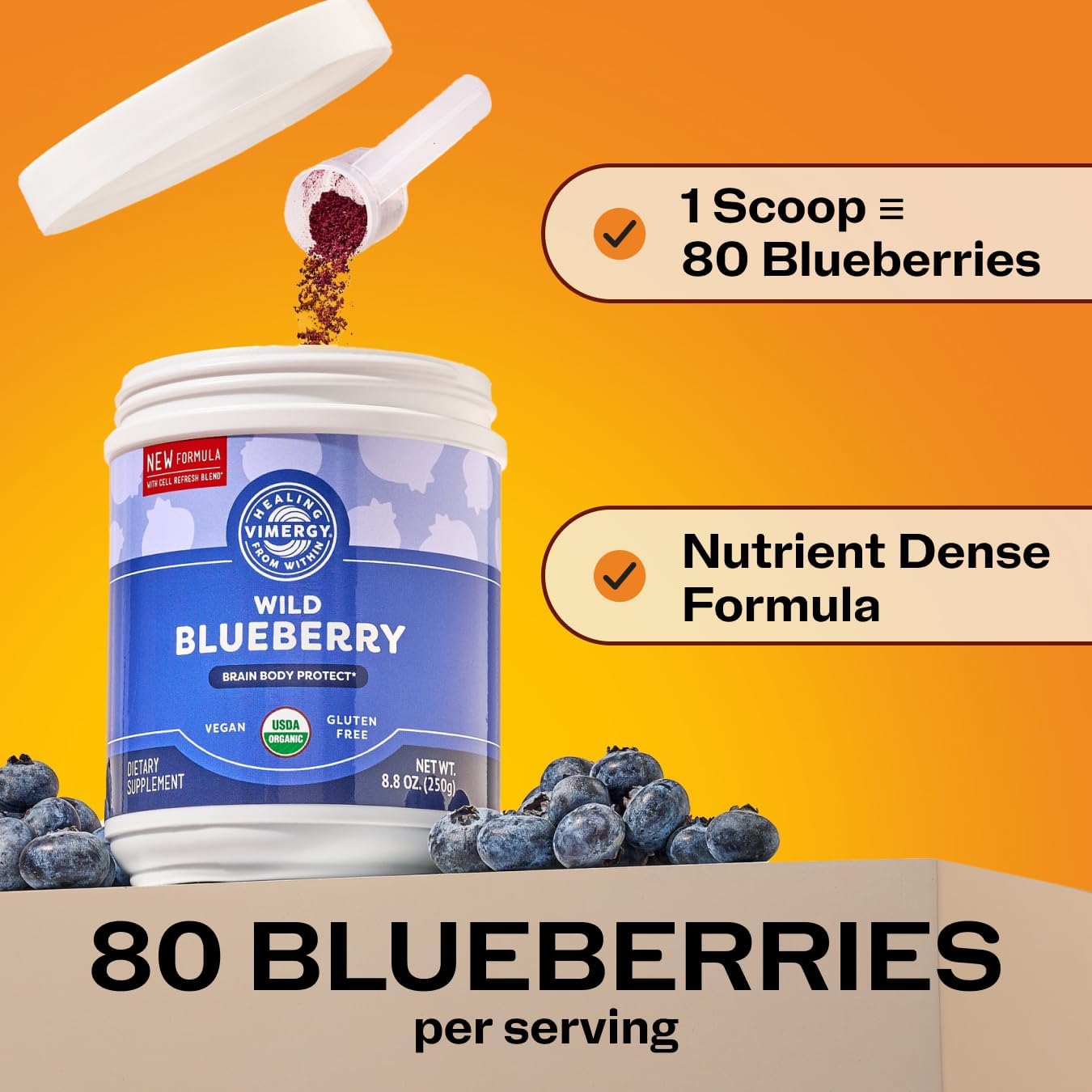 Vimergy Wild Blueberry Powder, Non-GMO, Vegan, Organic, 250g, 62 Servings | Antioxidant Used in Heavy Metal Detox Smoothie, Protects Brain Cells*, Gluten-Free
