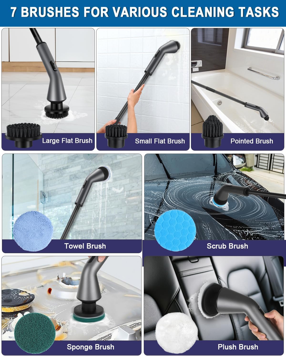 Electric Spin Scrubber, [IPX7 Waterproof] Bathroom Scrubber Electric | 7 Brush Heads, 2 Speed