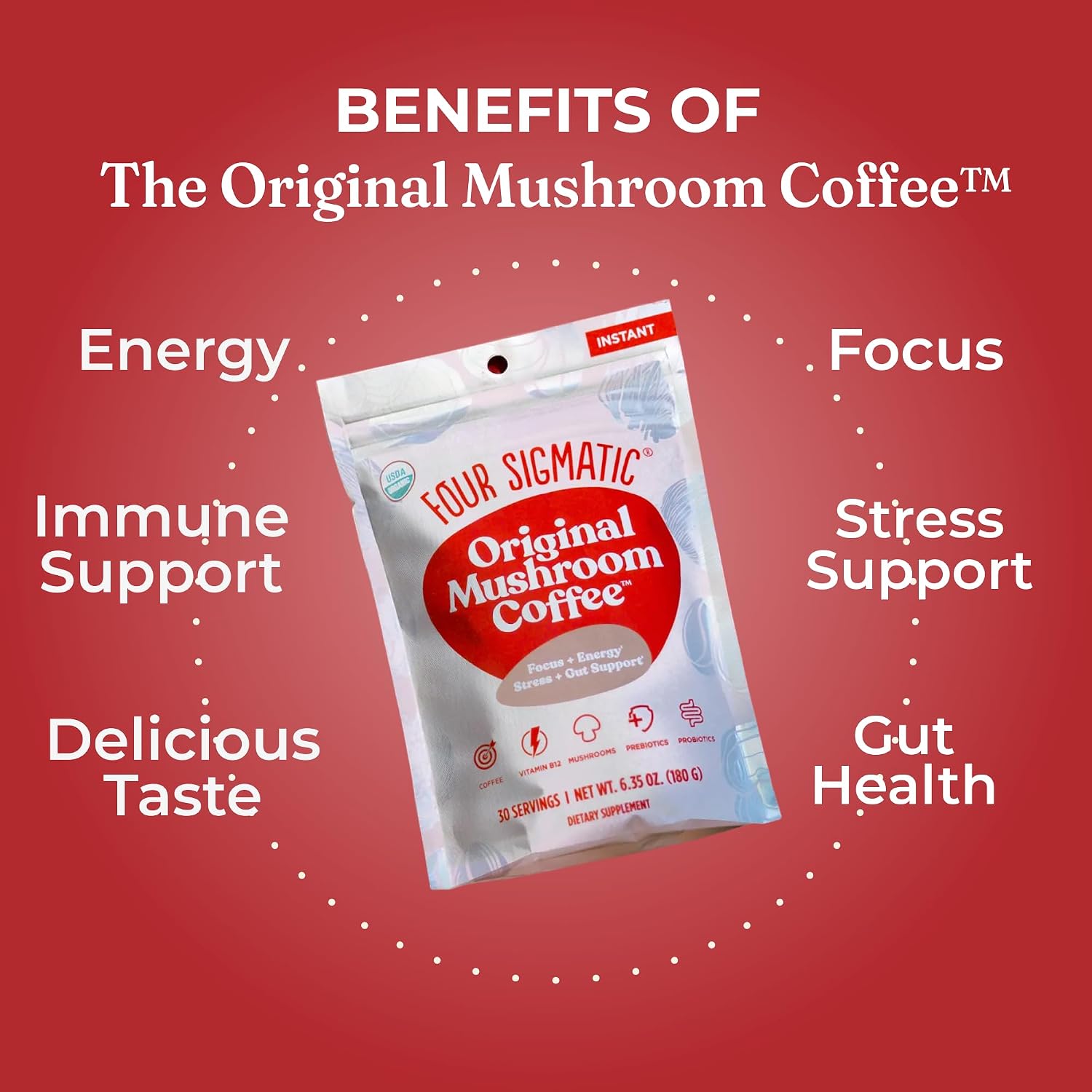 Four Sigmatic Organic Instant Coffee Powder | Mushroom Coffee Instant Mix with Cordyceps, Chaga and Eleuthero for Better Focus and Immune Support | 10 Packets