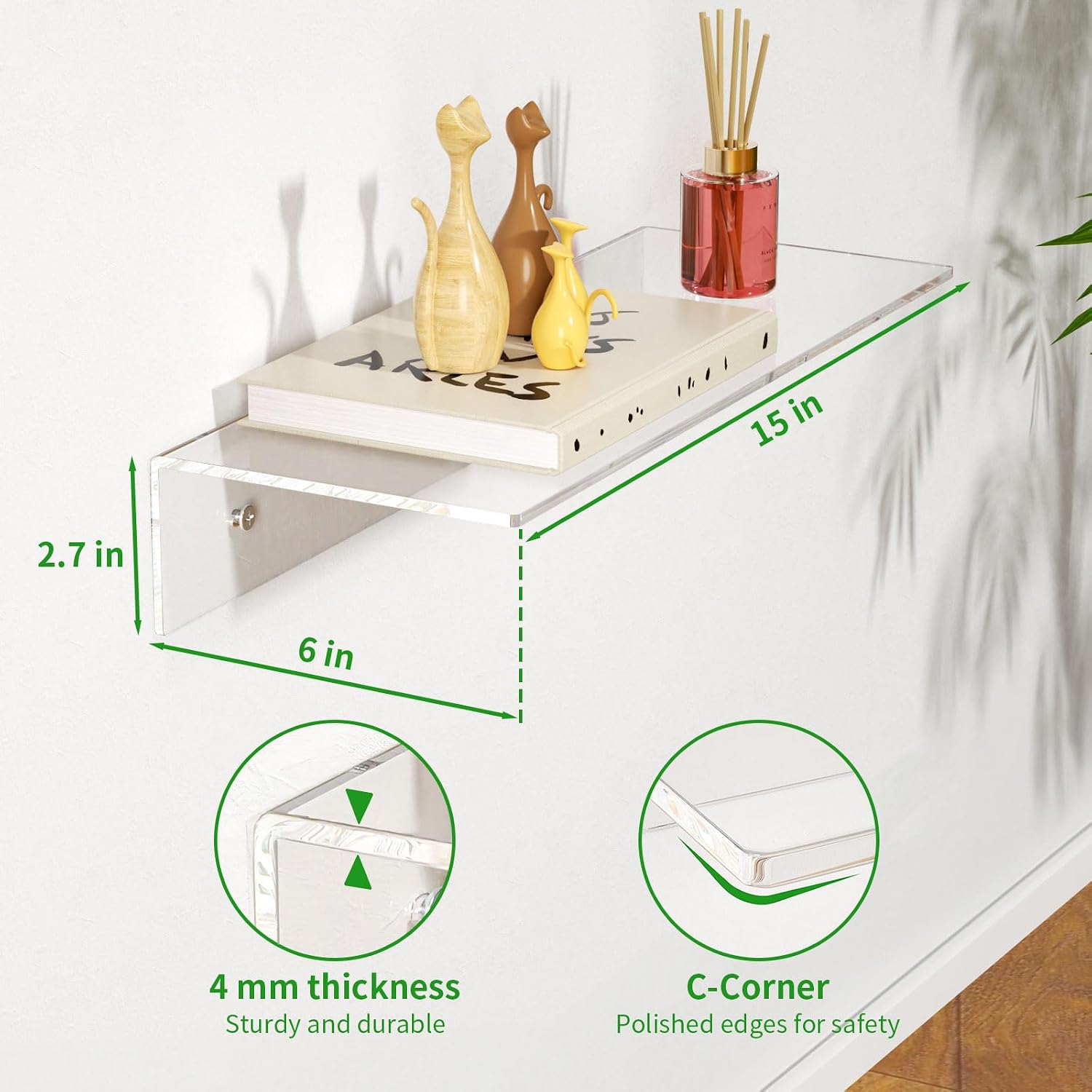 FEMELI 2 PCS 12" Acrylic Floating Shelves, Clear Shelf for Wall Display