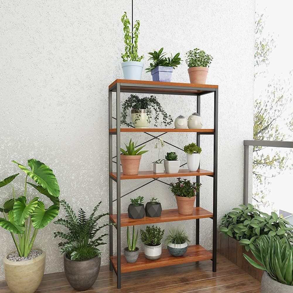 BATHWA Wood and Metal Minimalist 5 Tier Bookshelf, 6 feet Tall Open Rustic Wide Bookcase Industrial Style
