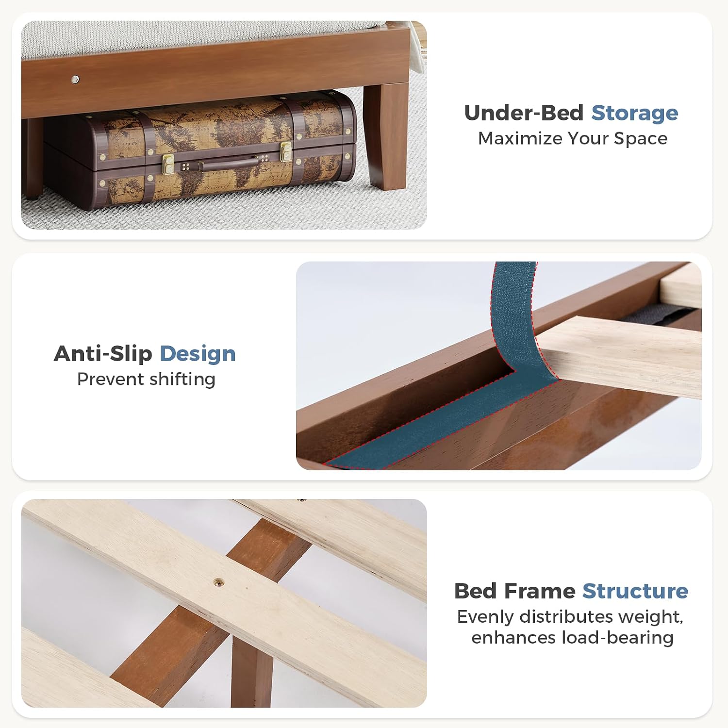 Solid Wood Bed Frame, Queen Size Platform Bed Frame with Headboard, Sturdy Wood Slat Support, Heavy Duty, No Box Spring Needed, Noise-Free, Easy Assembly