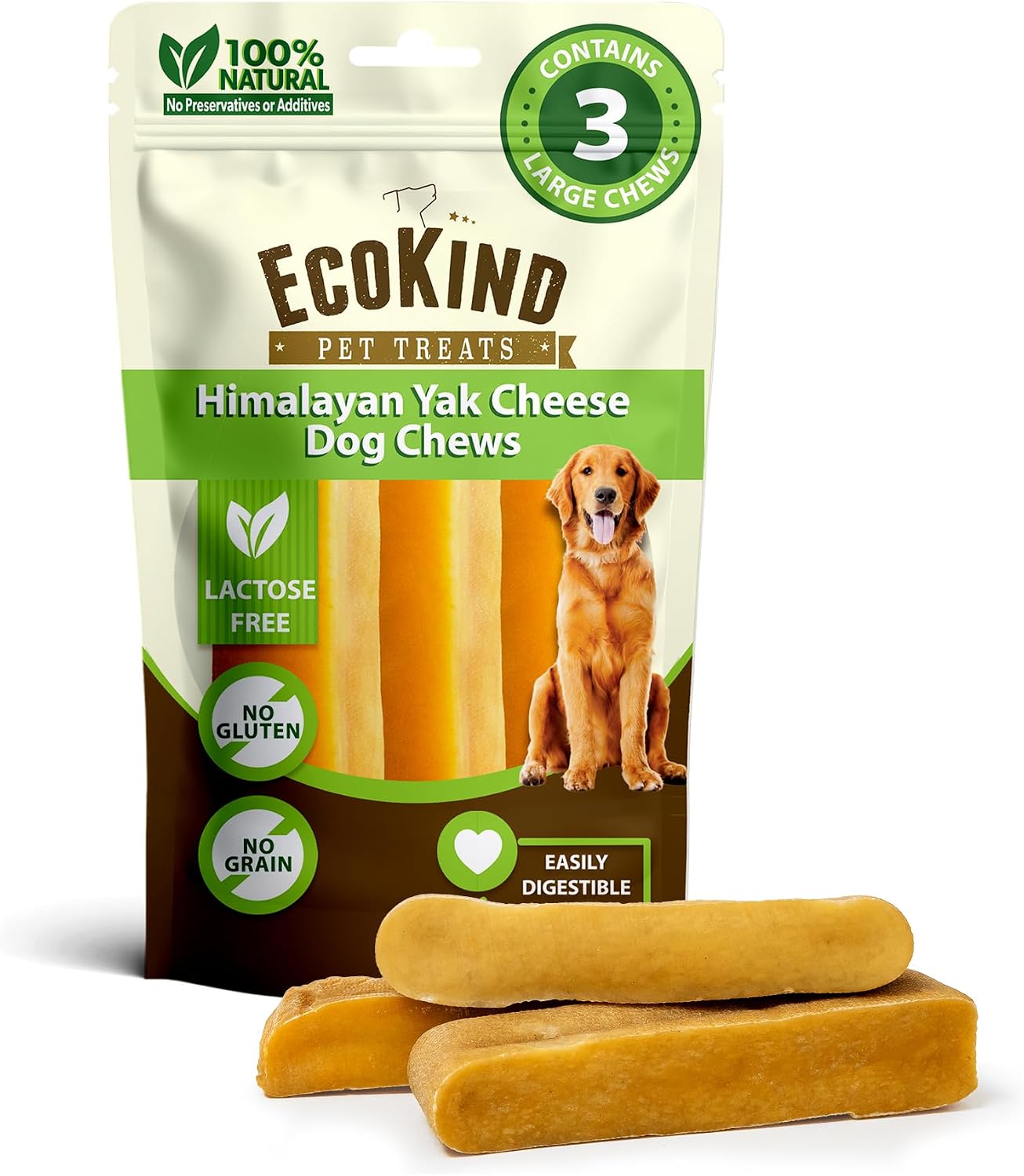 EcoKind Yak Cheese Himalayan Dog Chews, Yak Chews for Large Dogs, 4-5 Bones | 1 Lb, Long Lasting for Aggressive Chewers, Only 3 Ingredient Natural High Protein Dental Dog Treats, No Additives or Lactose