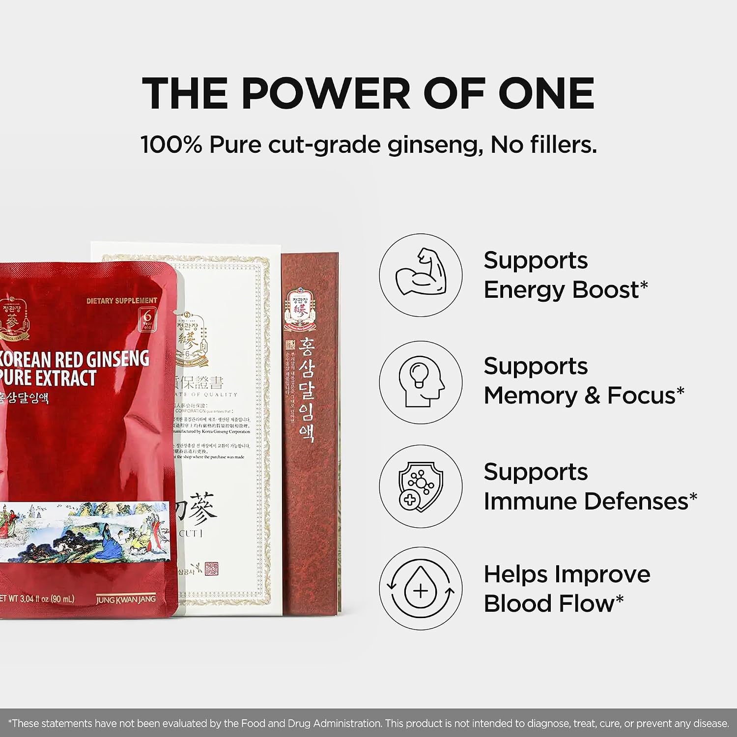 Jung Kwan Jang Korean Ginseng Pure Extract Cut - Immnue Support 30 Pouches | Sorted By Root Grade: Earth, Good & Cut, Korean Red Panax Ginseng, Ready-To-Consume Packet Supplement Drinks for Men & Women