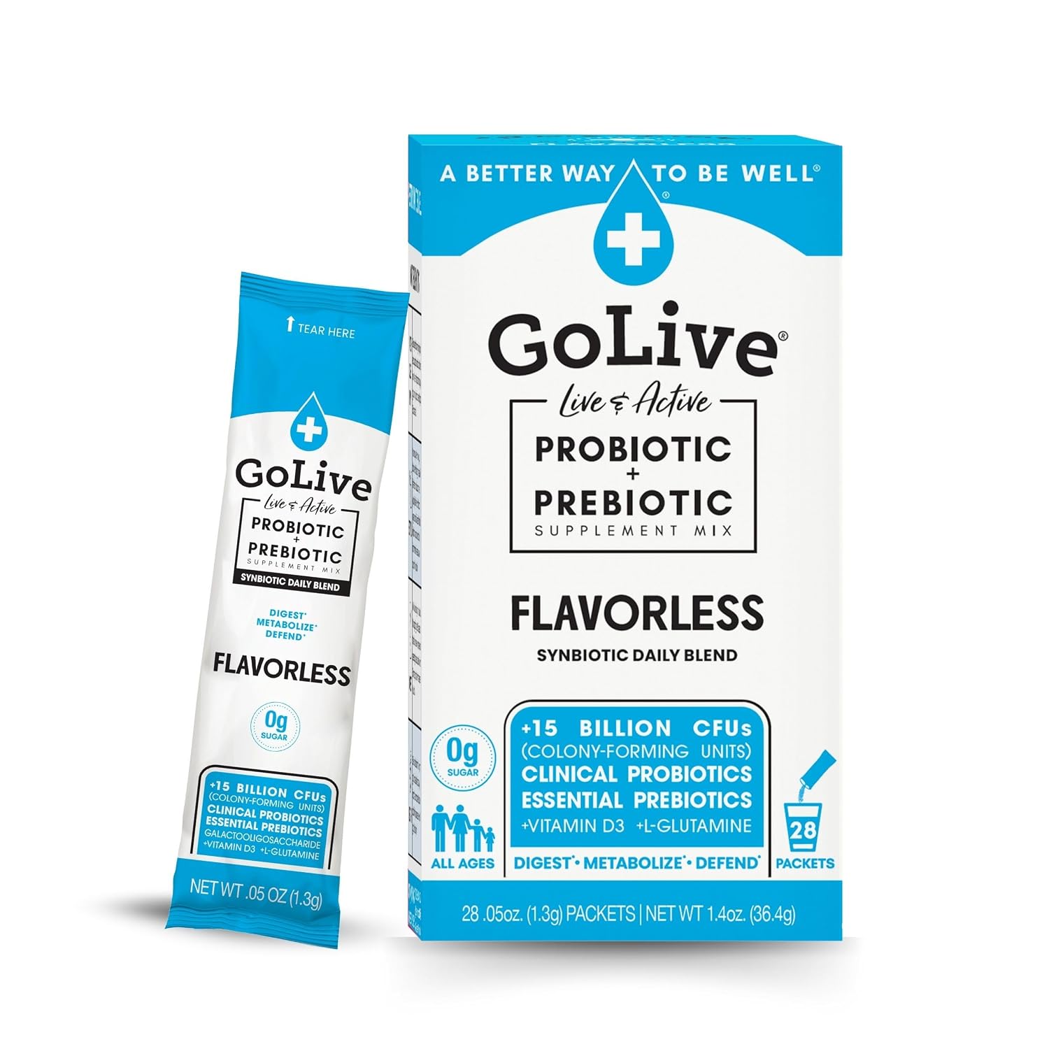 GoLive Prebiotic & Probiotic for Women, Men, Kids. Flavor-Free, Sugar-Free, Synbiotic Powder w/ GOS, L-Glutamine, Vitamin D3, Electrolytes. For Gut Health, Digestion, Metabolism, Immunity 15-50B CFUs. | Flavor-Free, Sugar-Free, All-Natural Ingredients, C…