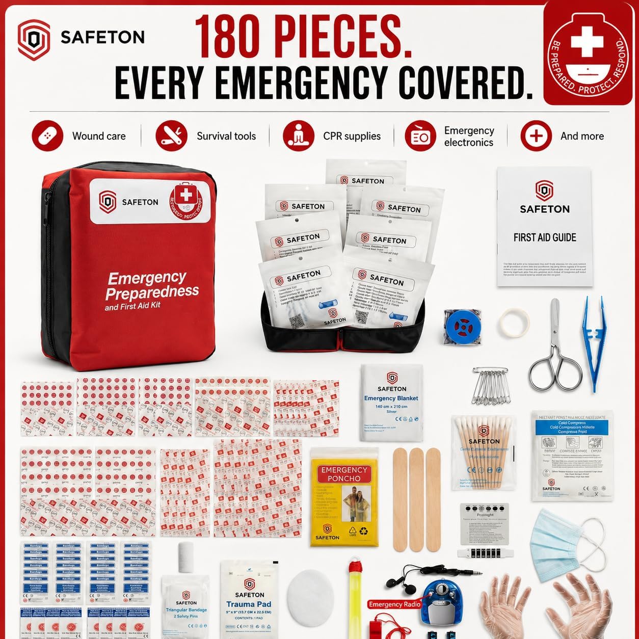 Safeton 180-Piece First Aid Kit, Portable Emergency Preparedness Medical Supply Bag for Home, Car, Travel, Camping, Hiking and Outdoor Activities