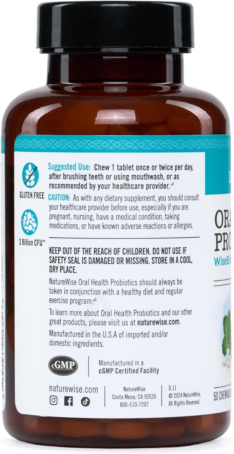 NatureWise Oral Probiotics for Mouth Bad Breath - Chewable Sugar-Free Mint - Lactobacillus reuteri Chewable - Oral Probiotics For Kids & Adults - Non-GMO USA Manufactured - 60 Count[60-Day Supply]