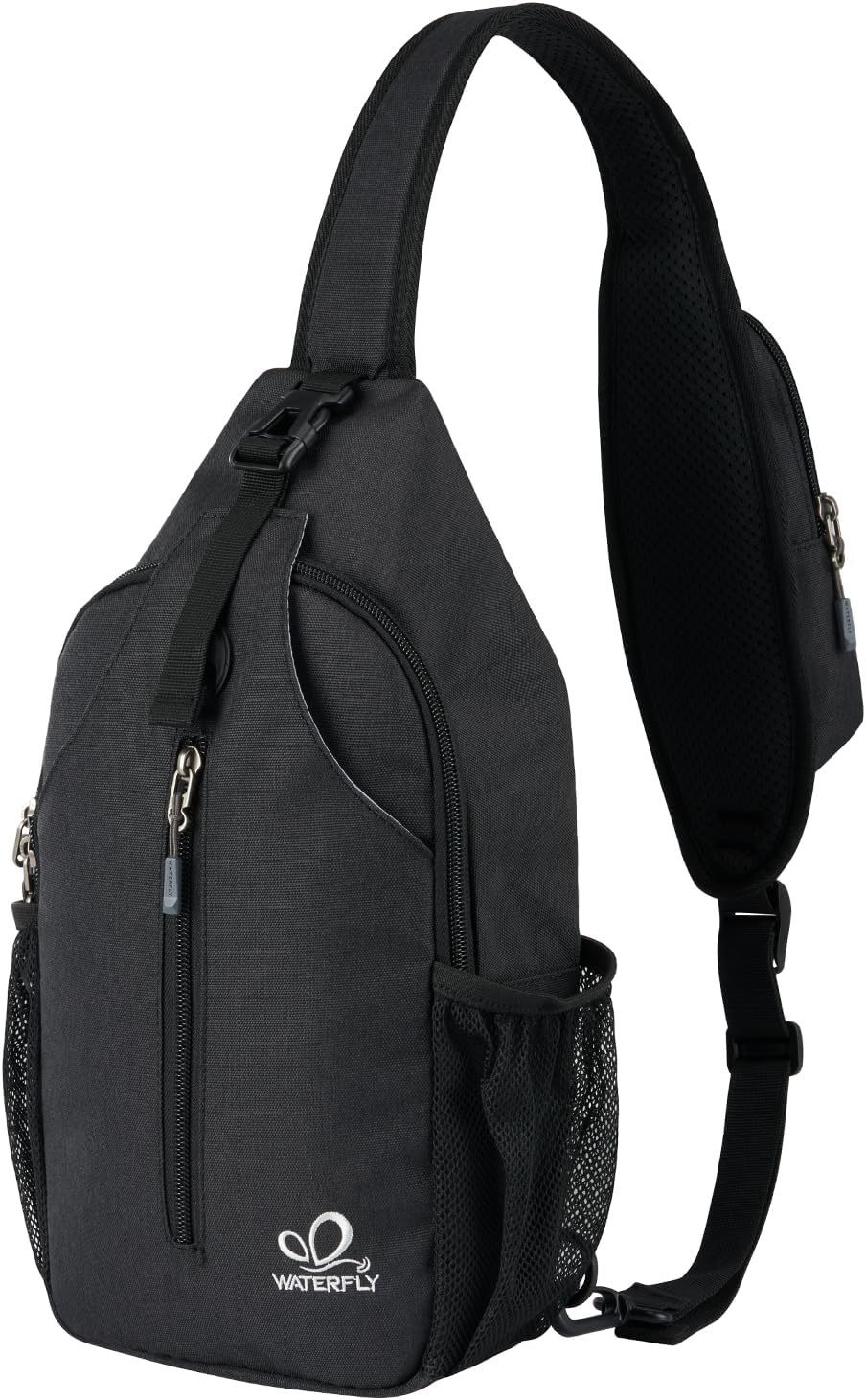 WATERFLY Crossbody Sling Backpack Sling Bag Travel Hiking Chest Bag Daypack (Black) | Small Hiking bag,Multi-compartment storage,Water-resistant,Breathable back pad,Reversible adjustable shoulder strap