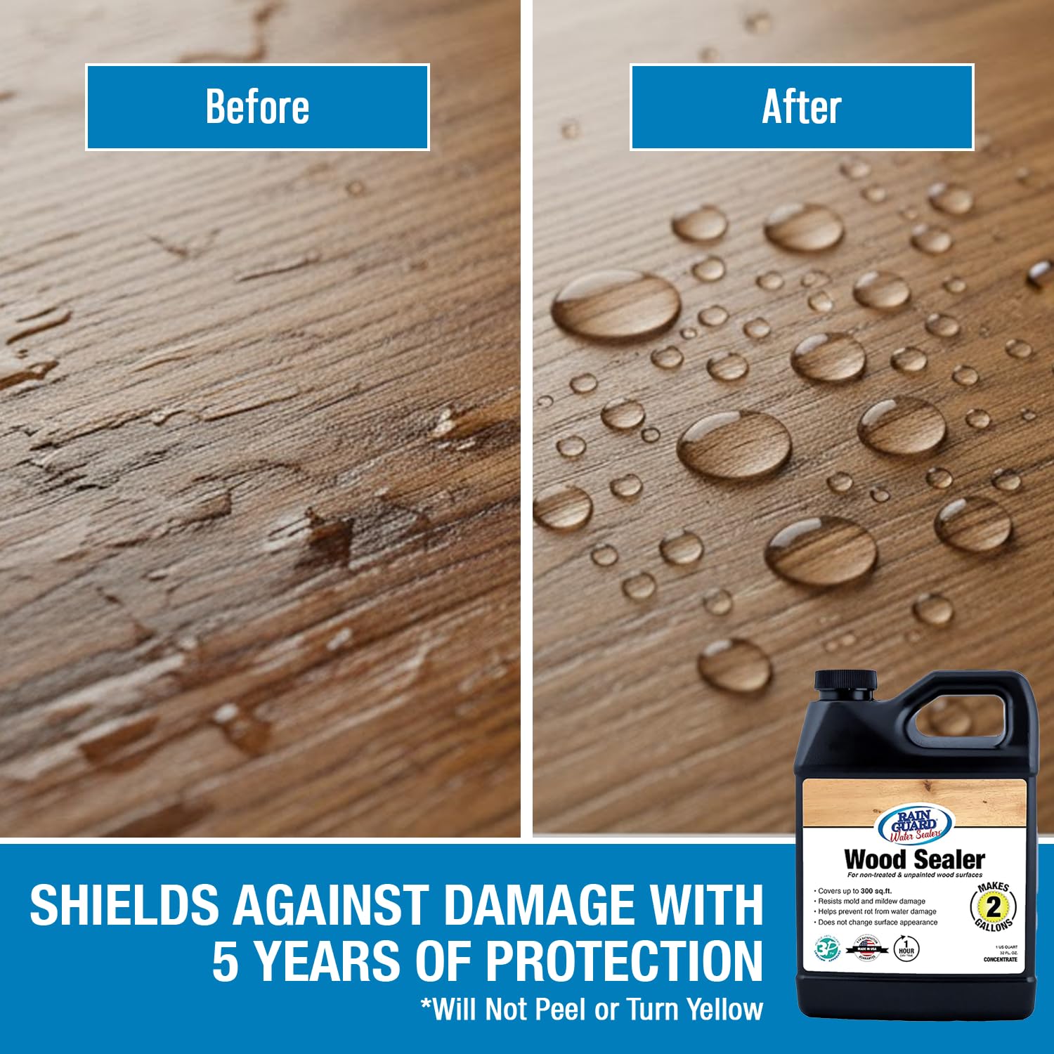 Rain Guard Wood Sealer Concentrate | Makes 2 Gallon | Protects Wood from Water Damage, Rotting, and Stains | Water Based Silane/Siloxane | Eco-Friendly | VOC-Free | Natural Finish