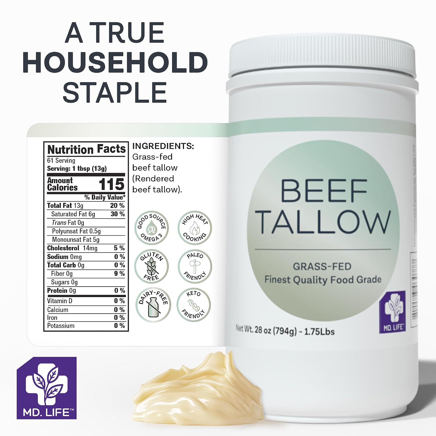 MD. Life Beef Tallow for Cooking - Food Grade Grass Fed Beef Tallow for Cooking Oil Replacement - 28 Ounce - Pasture Raised Keto Friendly Beef Tallow- Used to Make Candles & Soap