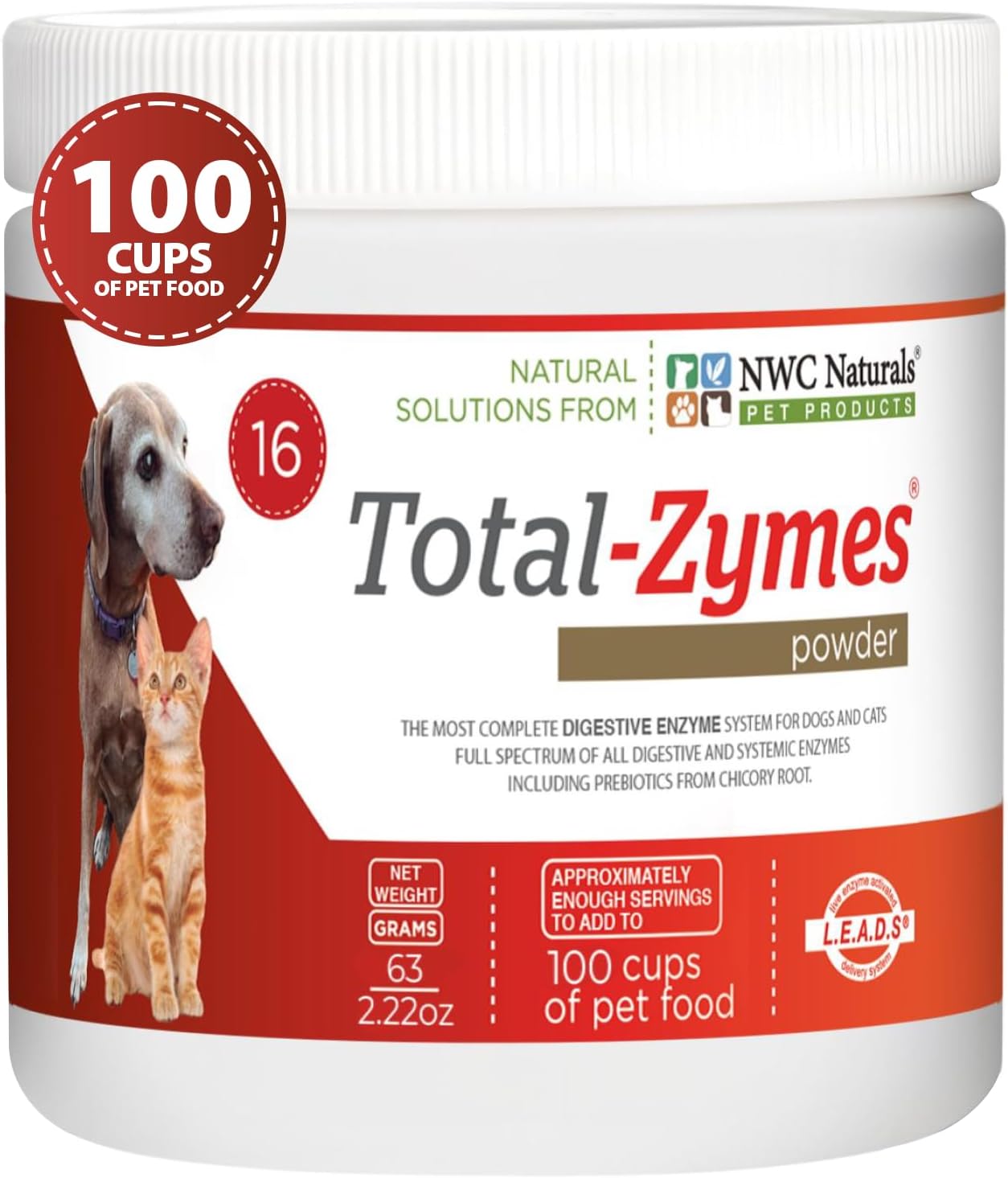 Total-Zymes Digestive Enzymes for Dogs and Cats, 8 oz. Powder | Unflavored Daily Powder, Mix 1 Scoop per Cup of Food, 16 Plant-Based Enzymes and Prebiotic Support Digestion and Absorption