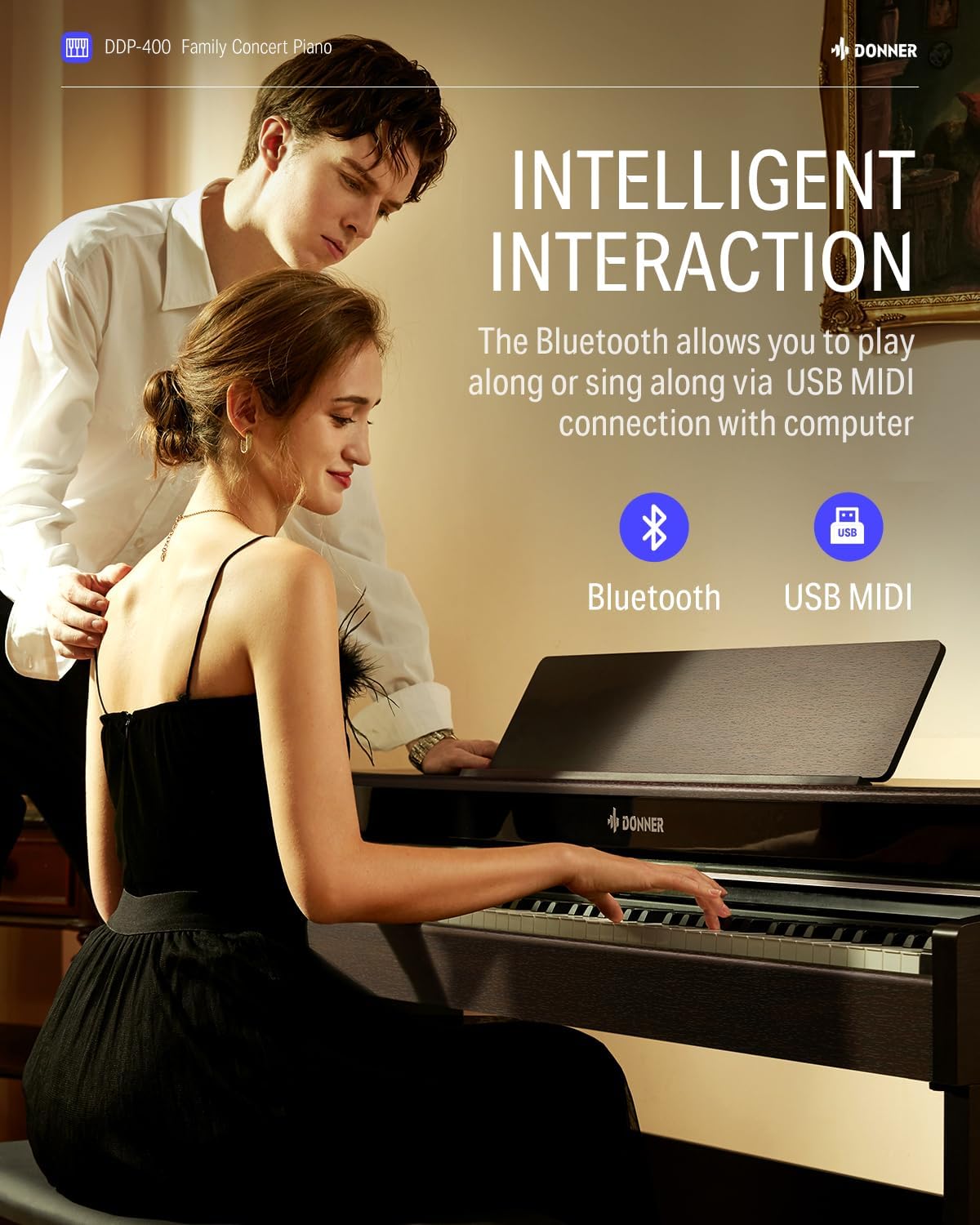 Donner DDP-300 Digital Piano with 88 Graded Hammer Action Weighted Keys, Record, Bluetooth, 10 Voices, 4 Reverb, Speakers
