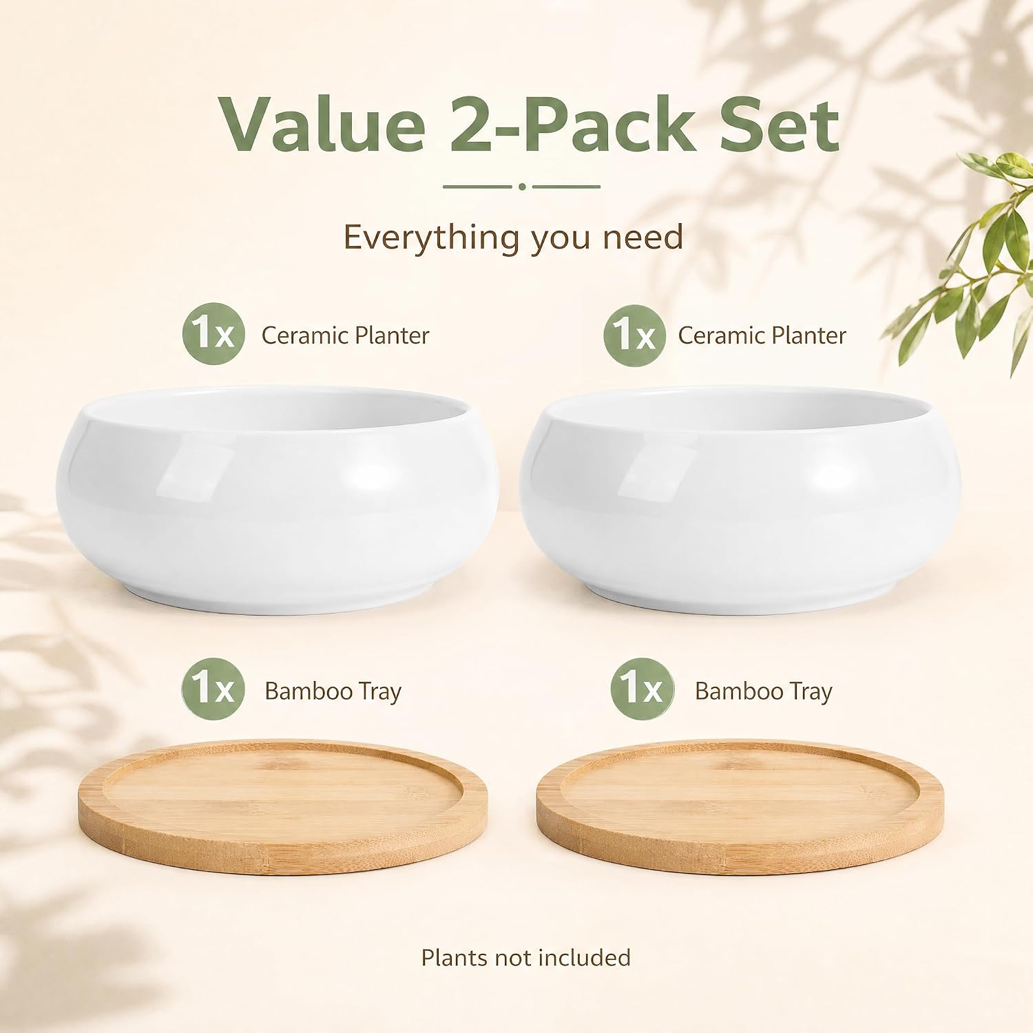 ZOUTOG 2 Pack 6" Ceramic Succulent Pots, White Planters with Drainage Tray