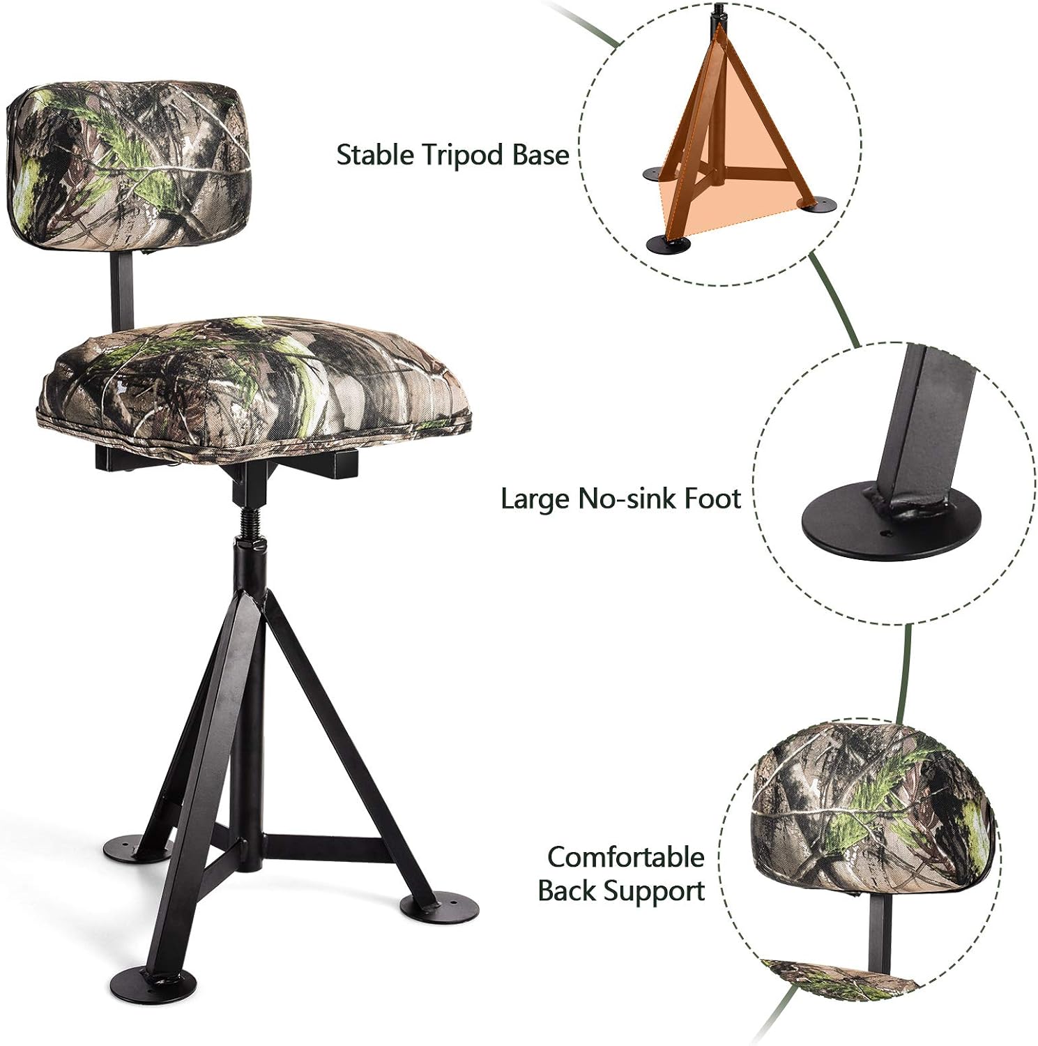 LDAILY Moccha 360 Swivel Hunting Chair, Camo Blind Chair with Detachable Backrest, Padded Seat, Height Adjustable Hunter Fishing Camping Stool