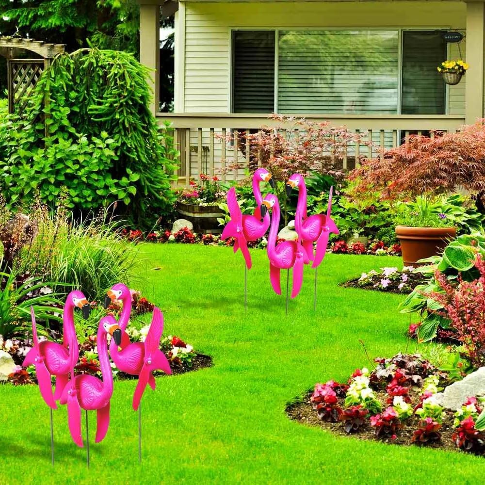 Fun Express Mini Pink Flamingos Yard Ornaments Set of 6 - Wind Spinners Outdoor with Twirling Wings | Flamingo Decor Gifts for Women | Tropical Luau