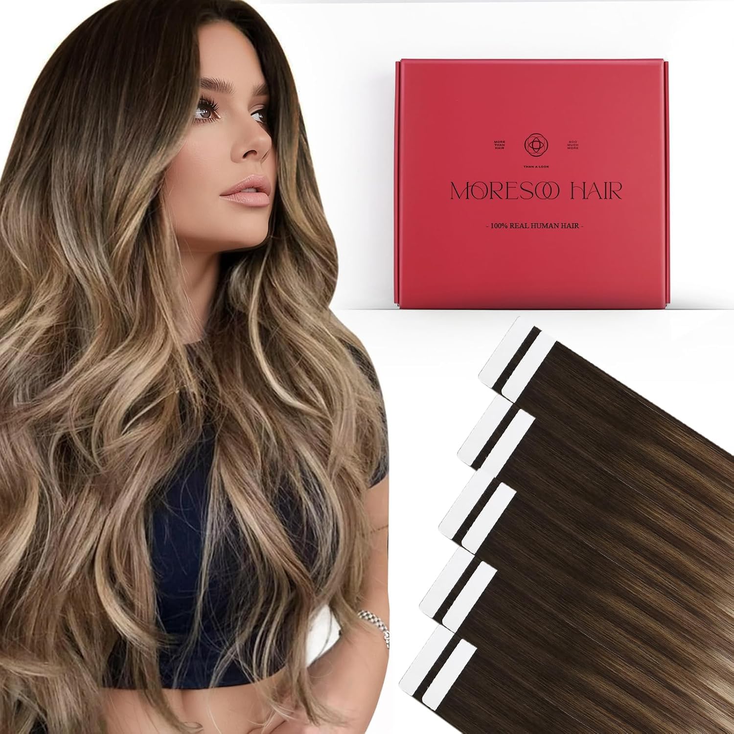 Moresoo Black Tape in Hair Extensions Human Hair, 18 Inch, 20Pcs, 50g