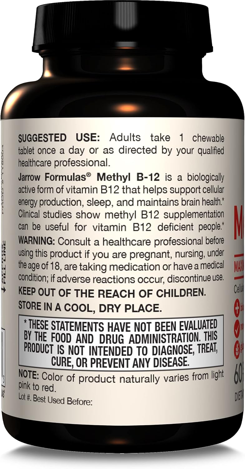 Jarrow Formulas Methyl Vitamin B12 5000 mcg - 60 Chewable Tablets, Naturally Fruit Flavored- Bioactive B12 Vitamin - Supports Cellular Energy Production, Brain Health & Metabolism - 60 Servings | Fruit Flavored, Bioactive B12 Vitamin, Supports Cellular E…
