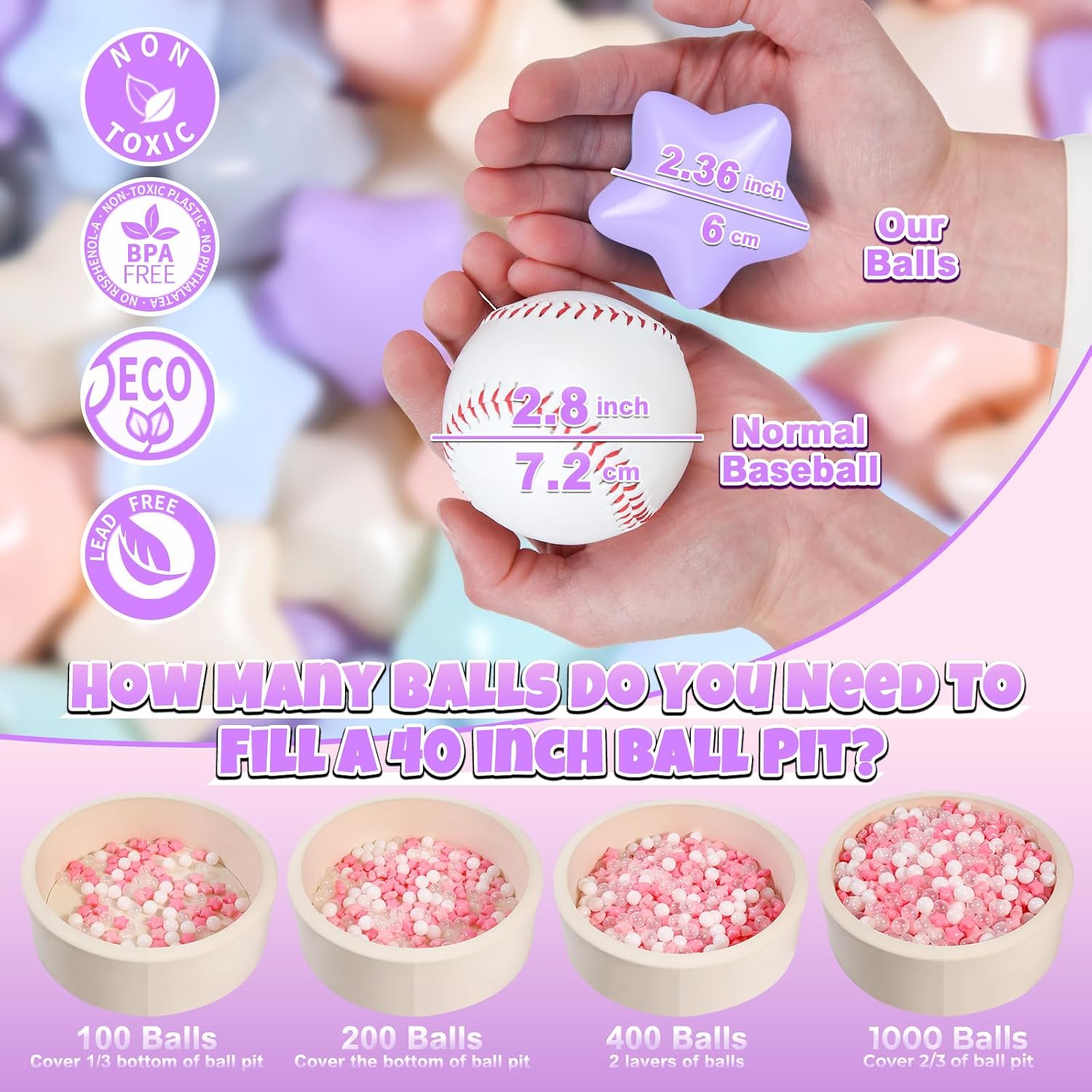 GOGOSO Ball Pit Balls 100 PCS for Toddles, Kids Plastic Balls for Ball Pit, Pool, Pink Party Accessories, Birthday Decoration