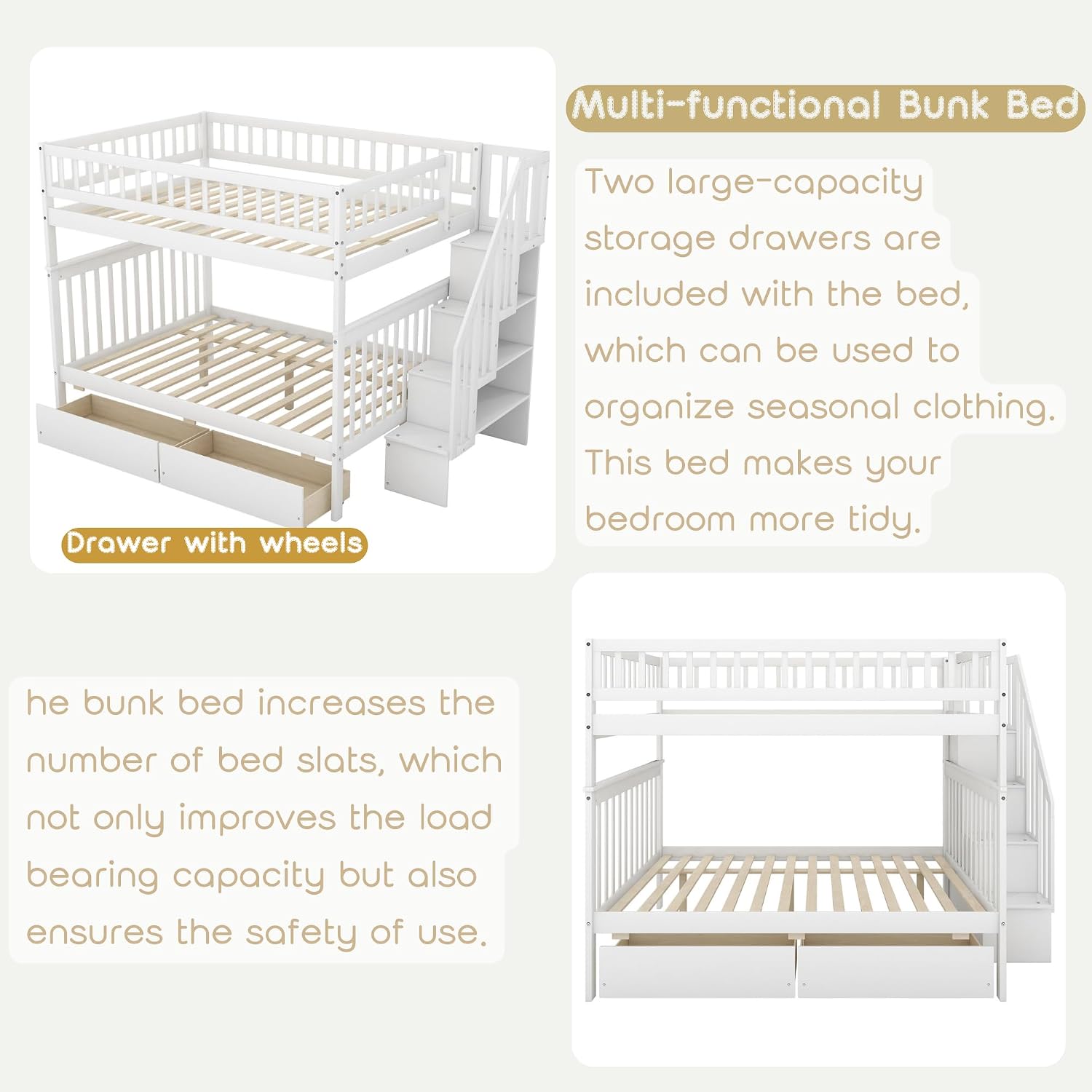 Bellemave Full Over Full Bunk Beds with Stairs Stairway Bunk Bed Frame with Storage Shelves for Teens Adult, Detachable Wood Full Bunk Bed, Gray